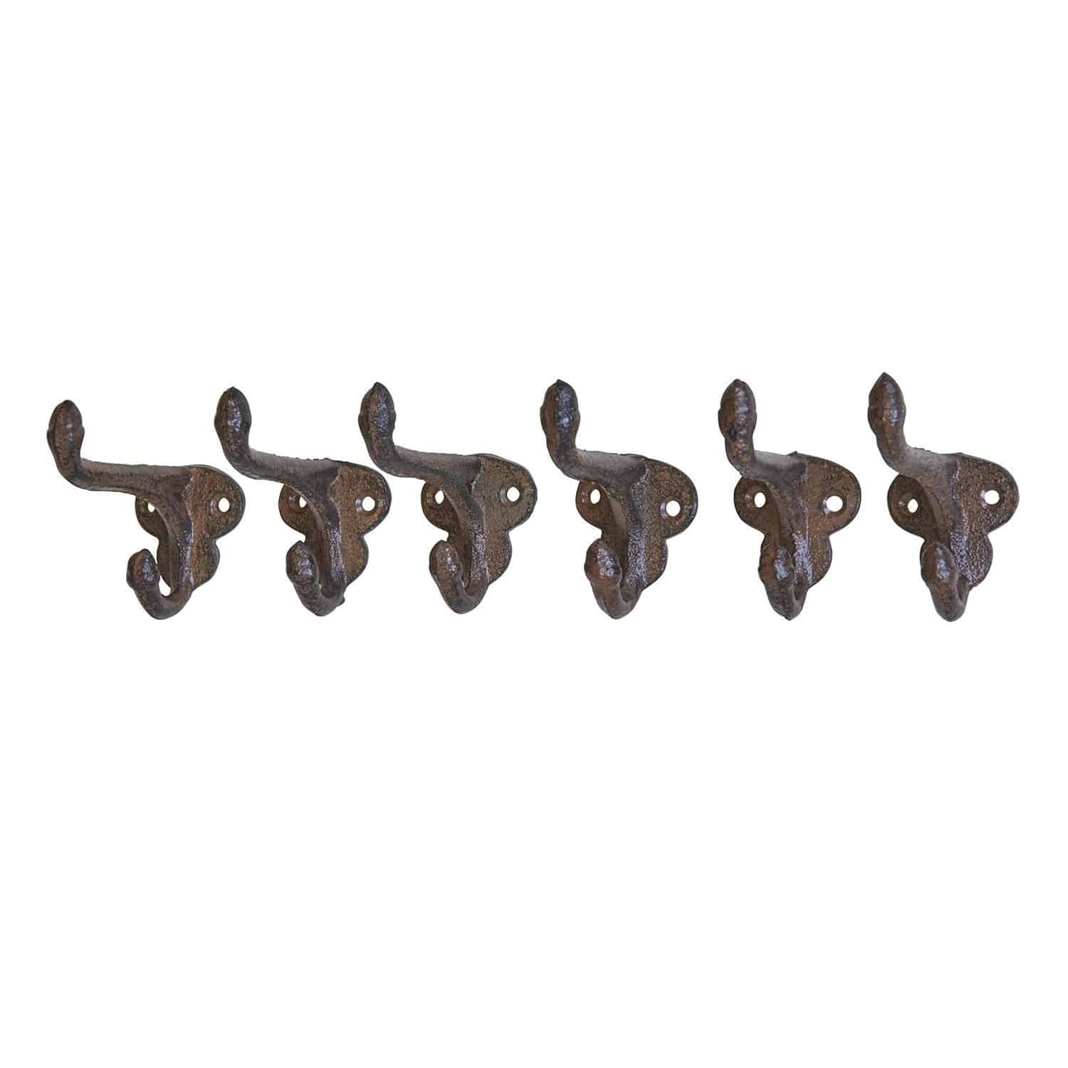 Set aus sechs rostfarbenen Wandhaken aus Gusseisen zum Aufhängen von Kleidung und Accessoires