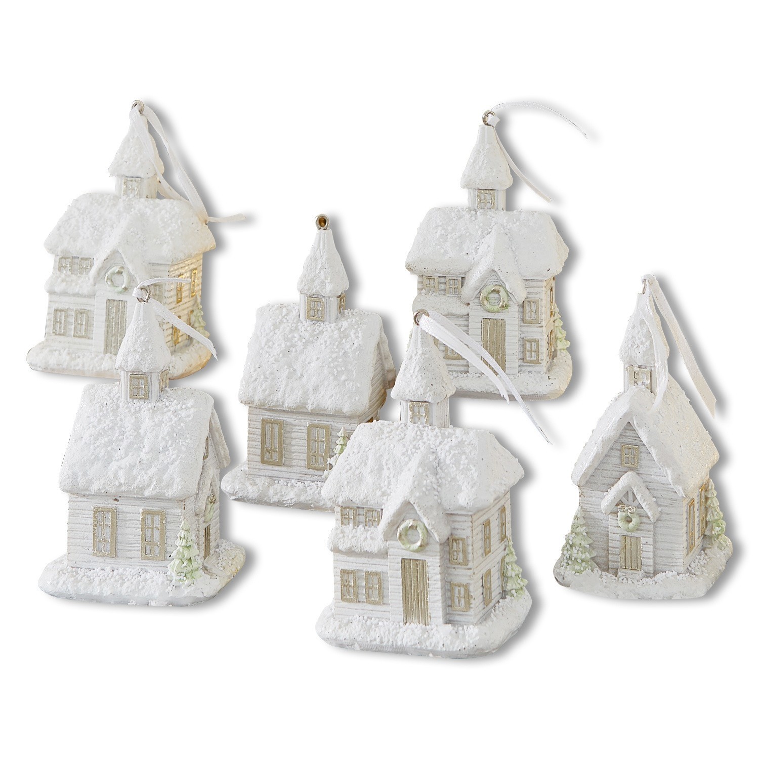 Set aus sechs weißen Häuschen mit Schneeeffekt als Weihnachtsbaumschmuck zum Aufhängen