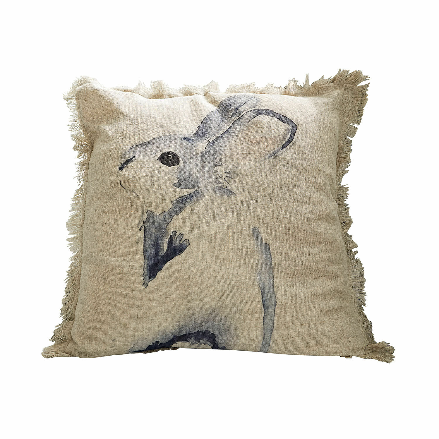 Kissenhülle Riamira Beige Leinenkissen mit Fransen und grauem Hasenmotiv als Wohnaccessoire