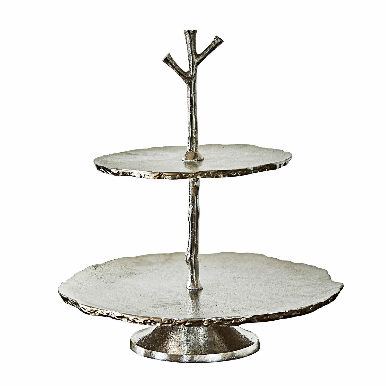 Zweistöckige silberne Metall-Etagere mit Astgriff zum Servieren von Snacks und Gebäck