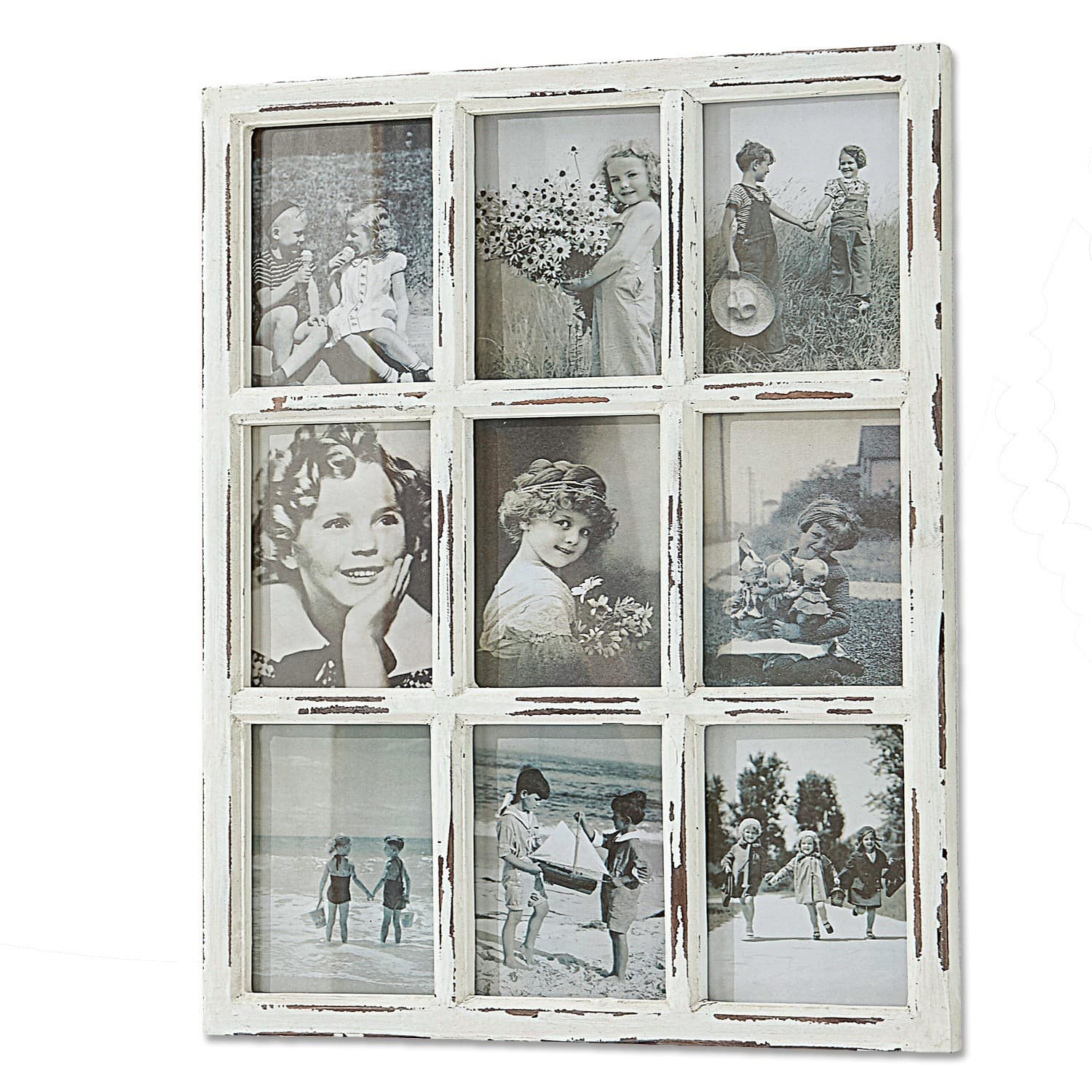 Bilderrahmen Vira Rustikaler weißer Holz-Fotorahmen mit neun schwarz-weißen Kinderfotos im Vintage-Stil