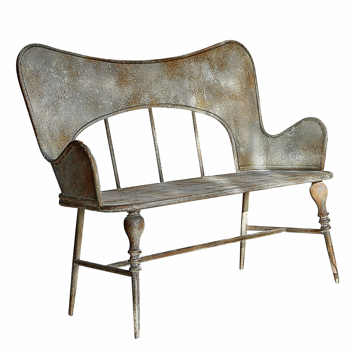 Vintage Metallbank mit grauer Patina und dekorativen Beinen für Garten oder Terrasse