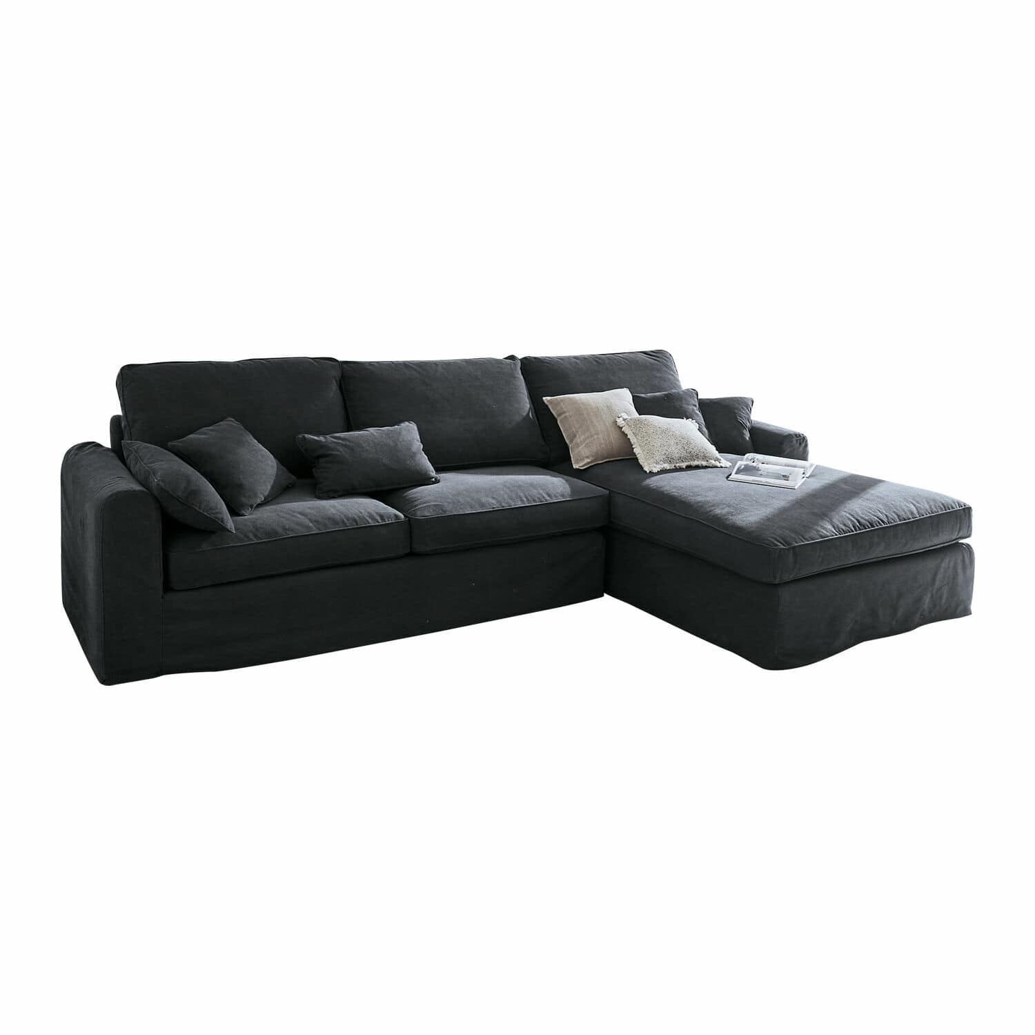 Sofa Seaford Großes schwarzes Ecksofa aus Stoff mit Kissen, bequem für Wohnzimmer