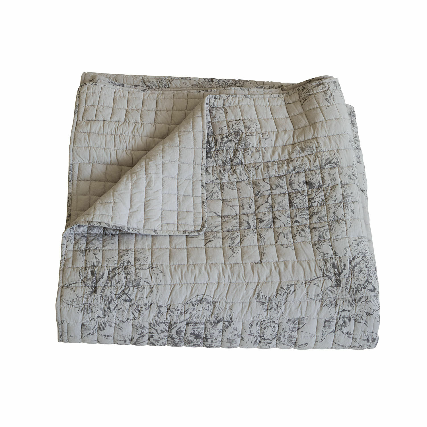 Quilt Orrenwyn Hellbeige gesteppte Baumwolldecke mit grauem Blumenmuster, weich und dekorativ für Zuhause