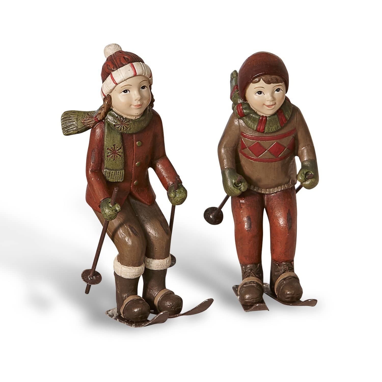 Figur 2er Set Bibury Figuren aus Kunststoff von Kindern in braun-roter Kleidung beim Skifahren, Winterdeko