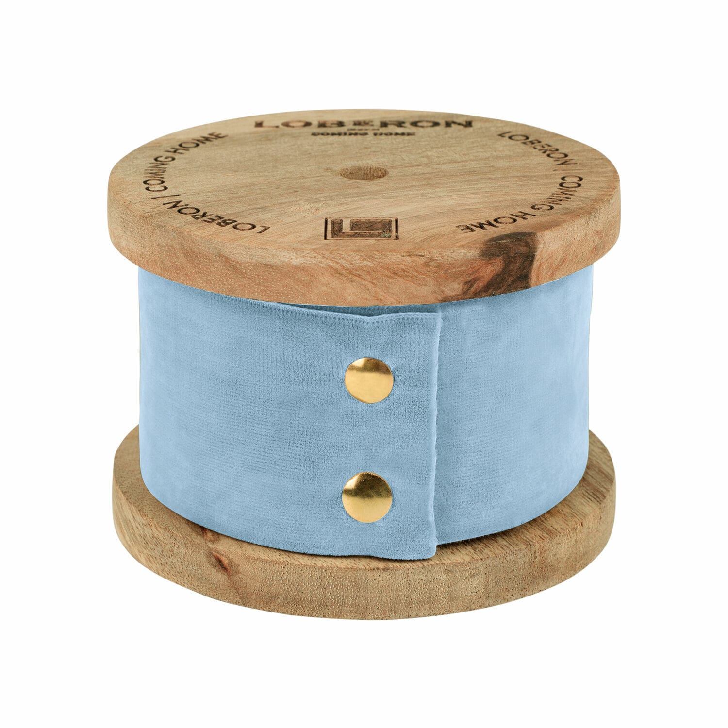 Samtband Phaedra Runde Aufbewahrungsbox aus Holz und blauem Samt mit Messingknöpfen für Dekoration