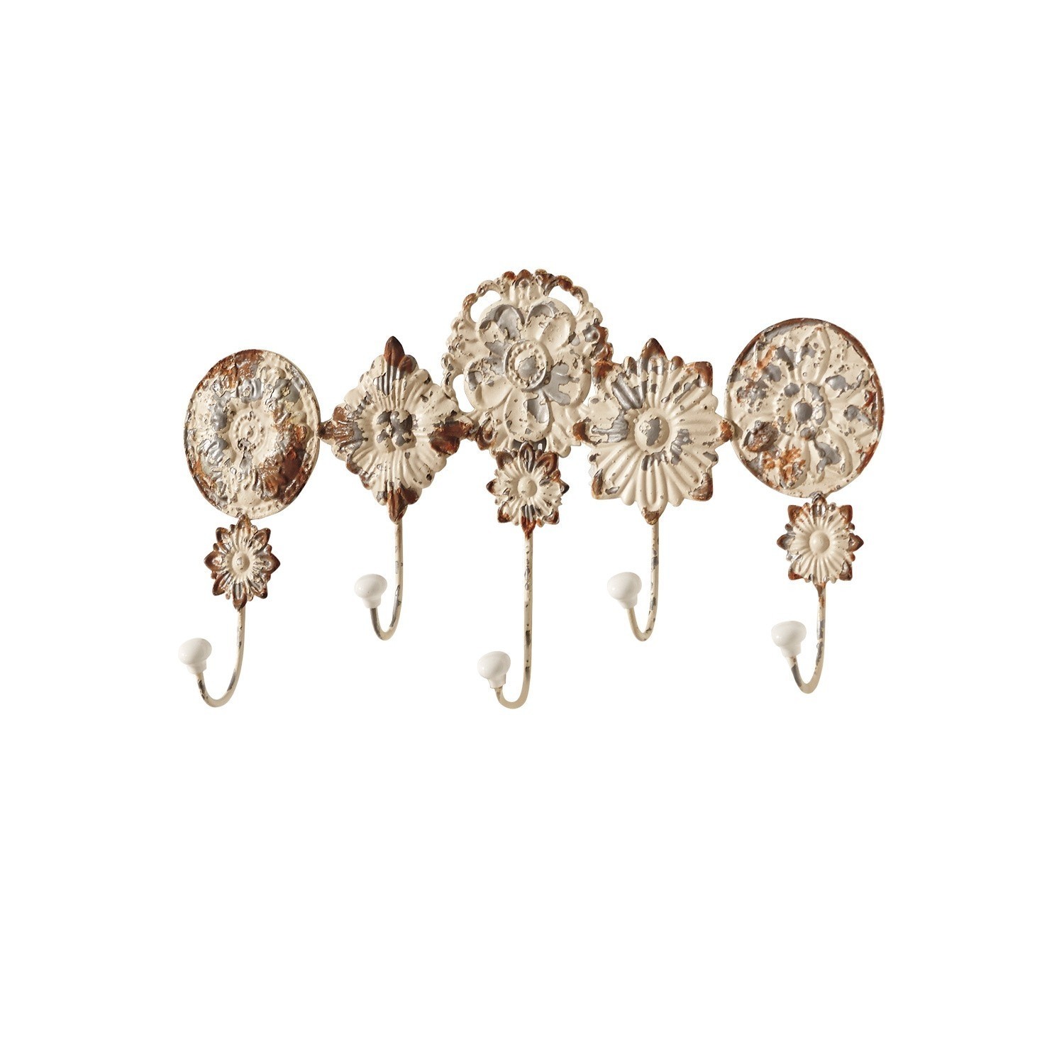 Wandhaken aus Metall in Creme mit fünf Haken und floralen Verzierungen im Vintage-Stil