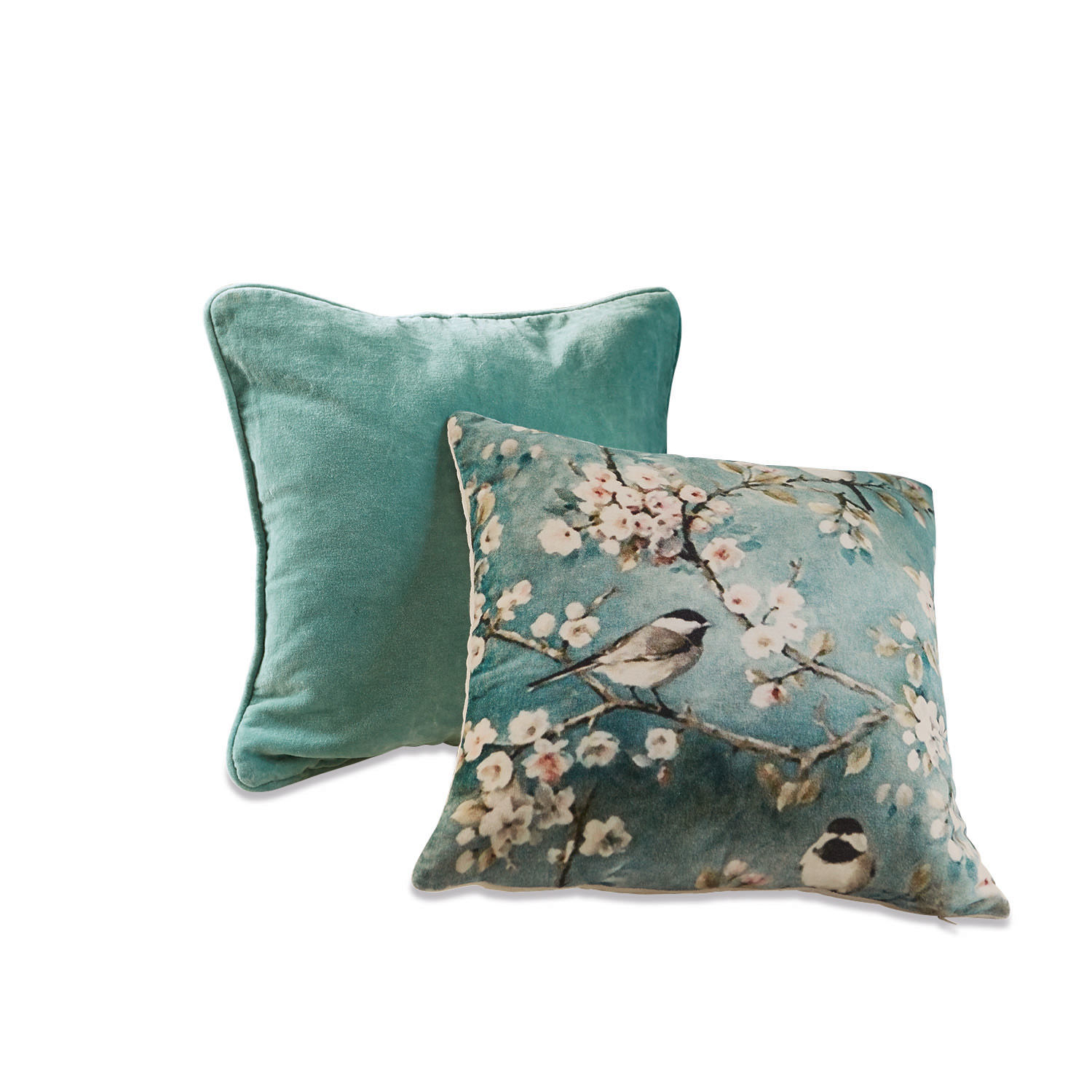 Set aus zwei dekorativen Kissen aus weichem Material in Grün mit Vogel- und Blumenmuster