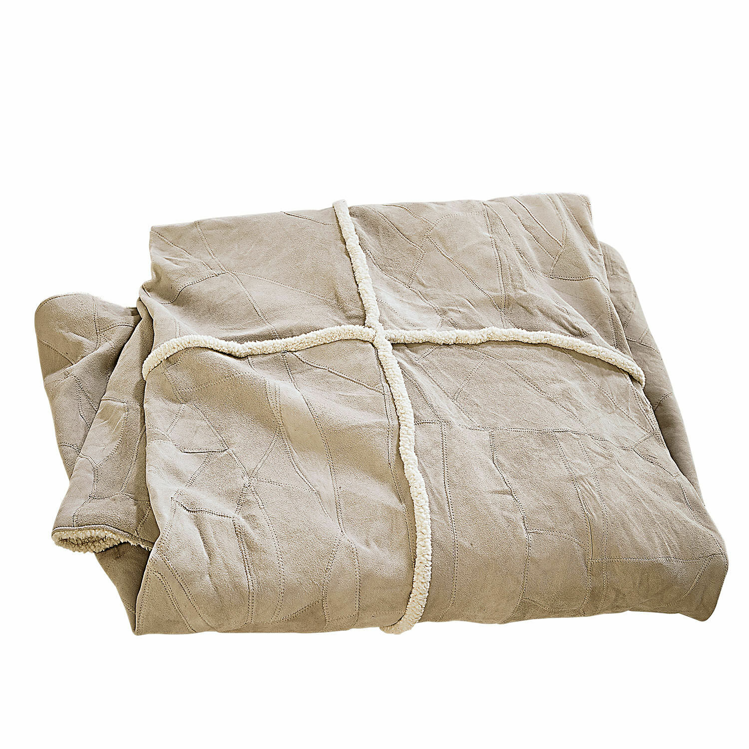 Plaid Raminya Beige Kuscheldecke aus weichem Material mit weißem Rand, perfekt für gemütliche Wohnräume und Dekoration