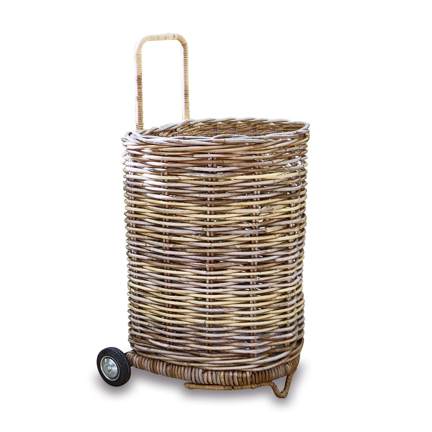Einkaufswagen aus natürlichem Rattan mit Griff und zwei Rädern für einfachen Transport