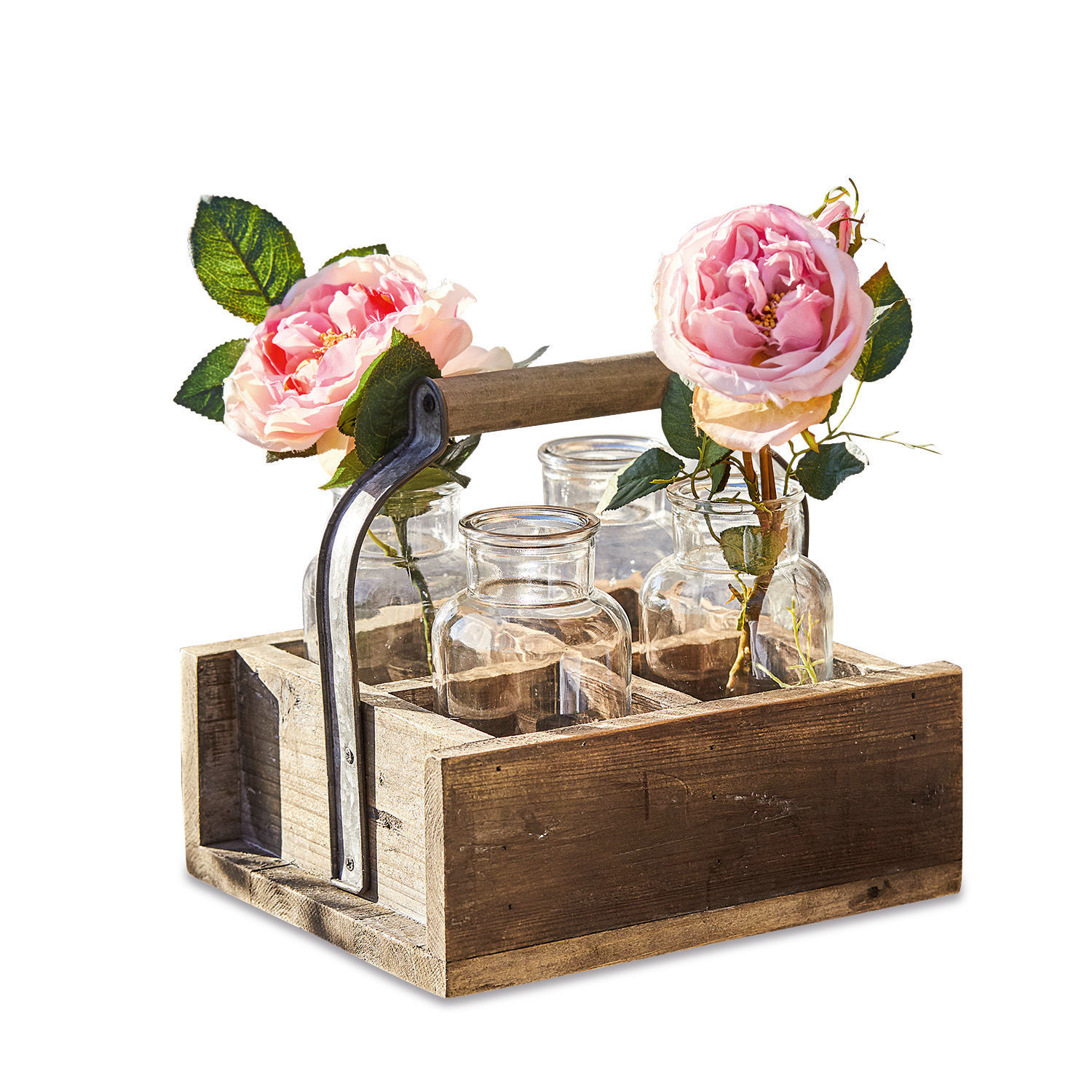 Vase 4er Set mit Korb Reverie Holzträger mit Griff und vier Glasvasen, dekoriert mit rosa Blumen für Wohnraumdeko