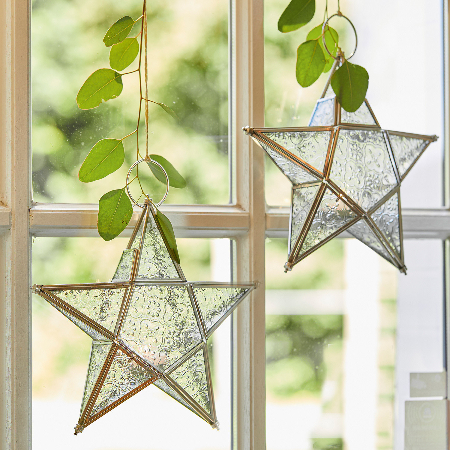 Windlicht 2er Set Kian Glassterne mit Metallrahmen als Fensterdekoration, umgeben von grünen Blättern