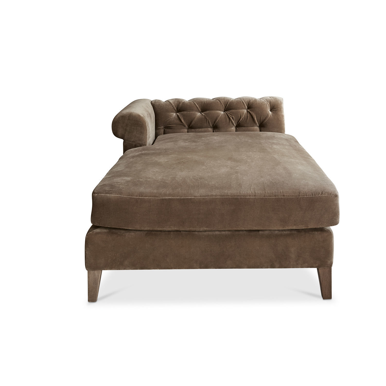 Braune Samt-Chaiselongue mit gesteppter Rückenlehne und Holzbeinen für Wohnzimmer