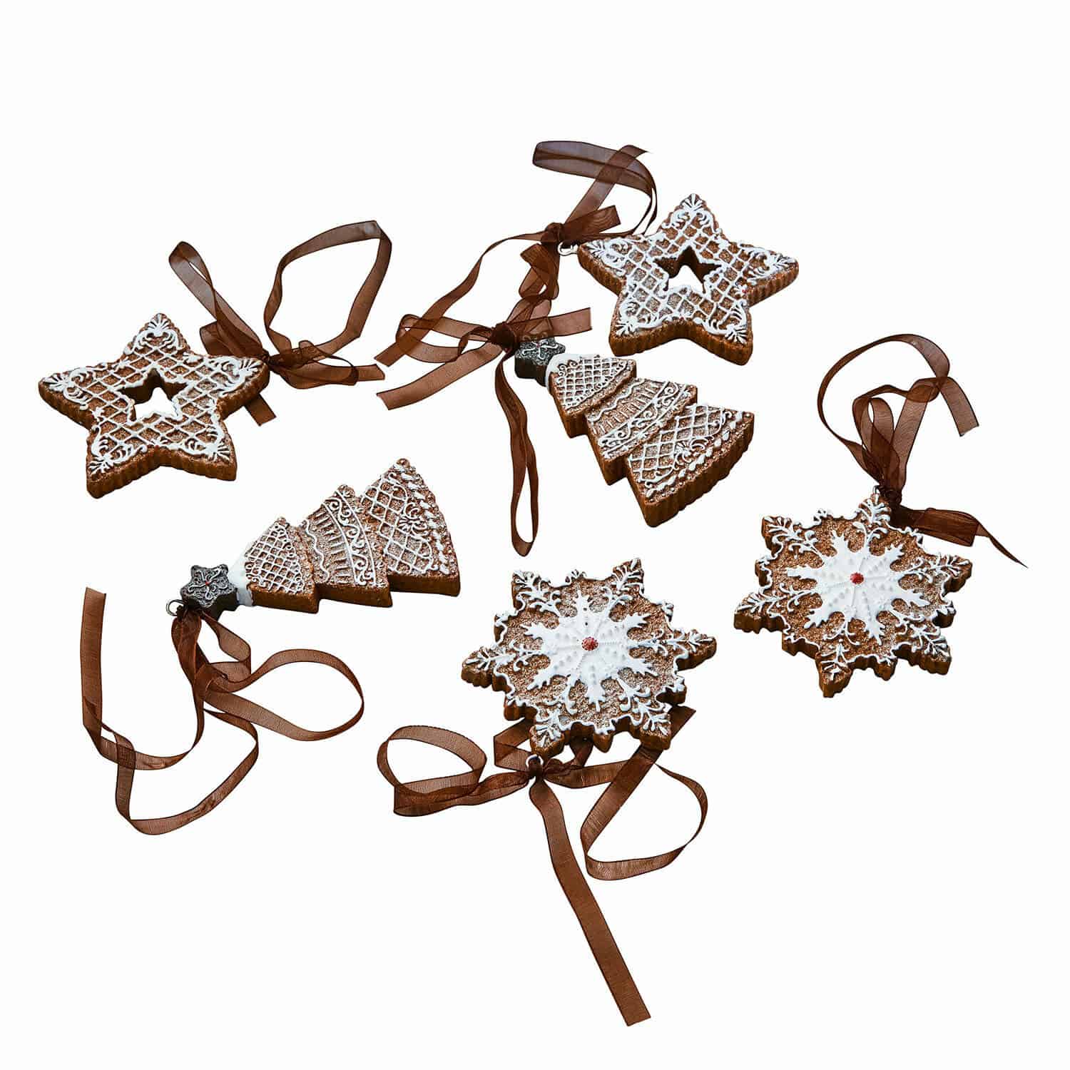 Anhänger 6er Set Chimayo Set Lebkuchen-Weihnachtsanhänger in Stern-, Tannen- und Schneeflockenform mit braunem Band