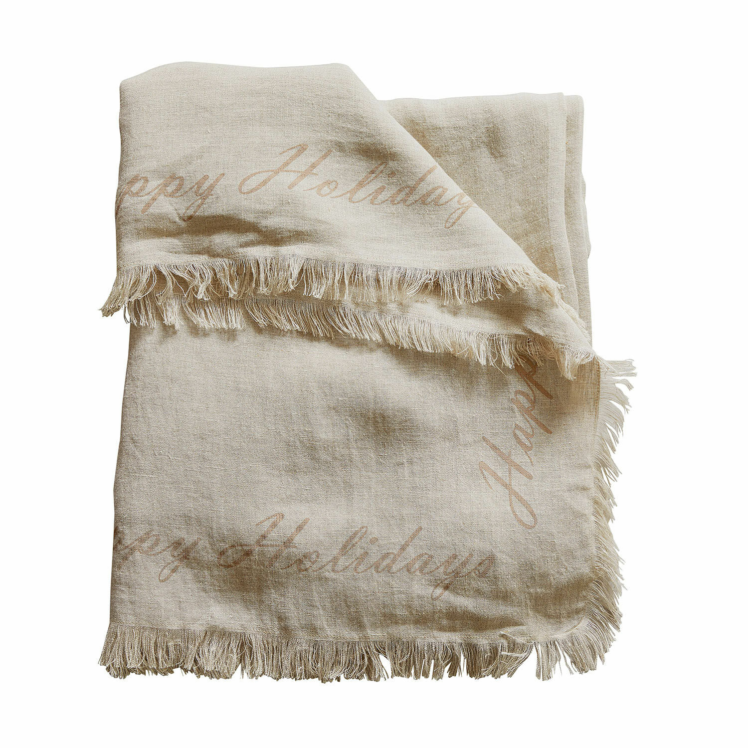 Tischdecke Emilia Beige Leinen-Decke mit Fransen und Schriftzug Happy Holidays, dekorativer und weicher Plaid