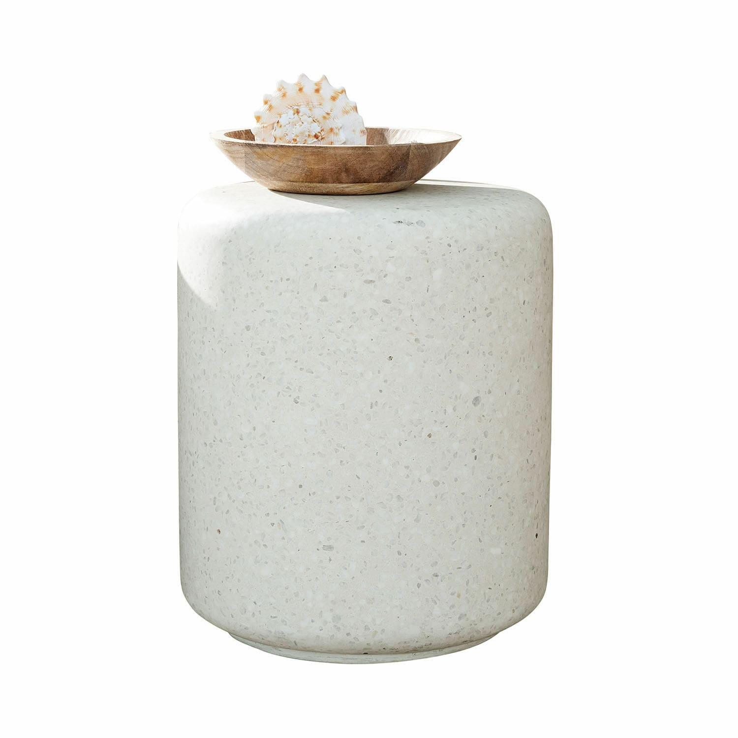 Runder weißer Steintisch mit Holzschale und Muschel darauf, modernes Design