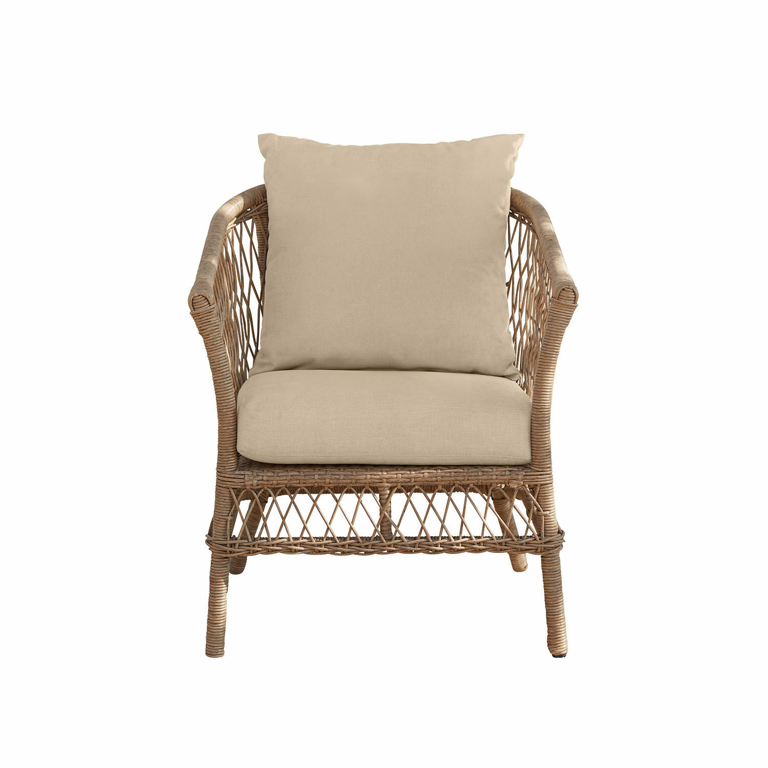 Sessel Farington Rattansessel mit beigen Kissen, Naturmaterial, ideal für Wohnzimmer und Garten