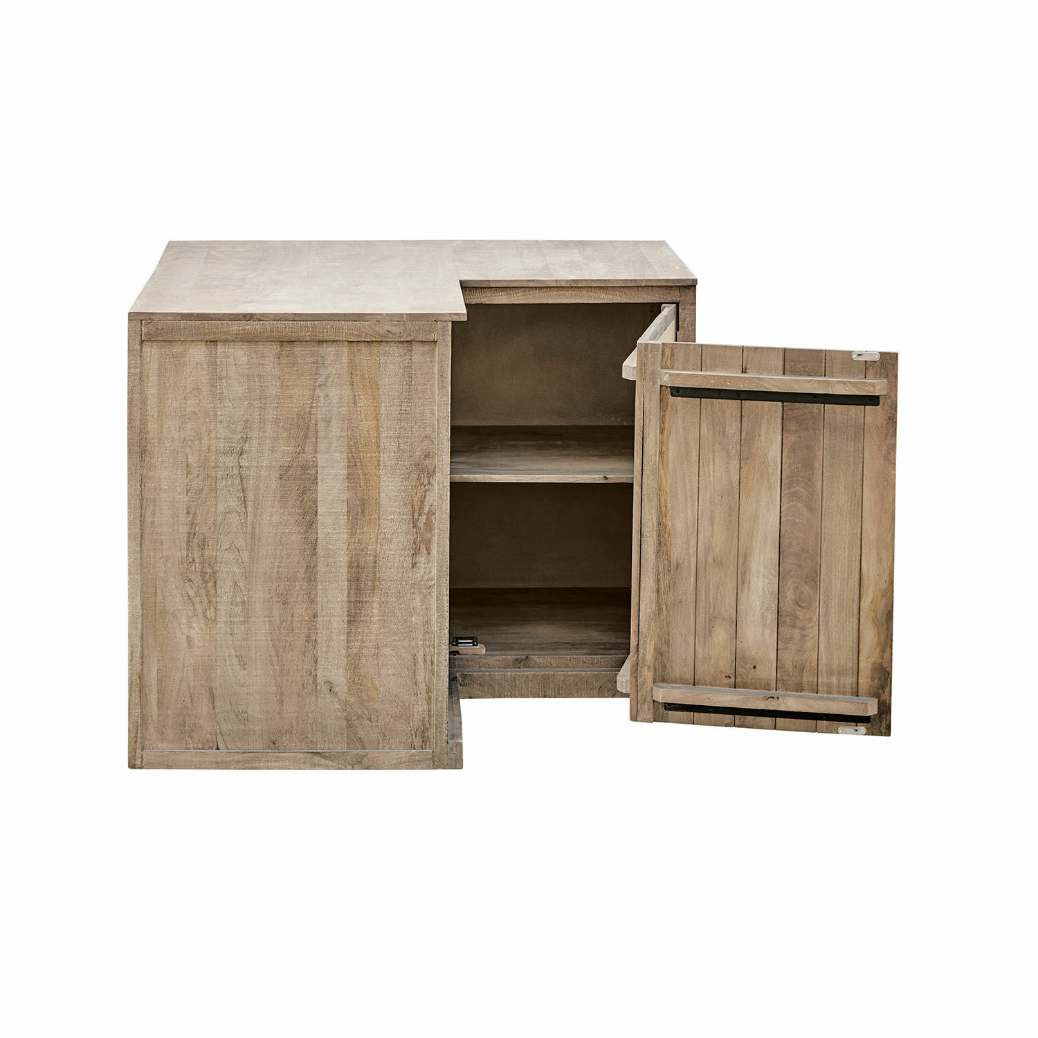 Holzschrank in natürlicher Farbe mit offener Tür und Regal, praktisches Aufbewahrungsmöbel