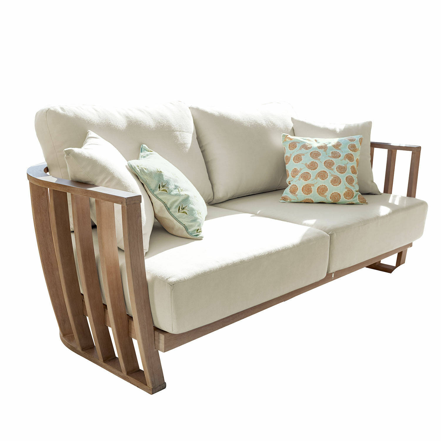 Sofa FSC®-100% Vézère Beiges Sofa mit Holzseiten und dekorativen Kissen mit Muschelmotiv für Wohnzimmer