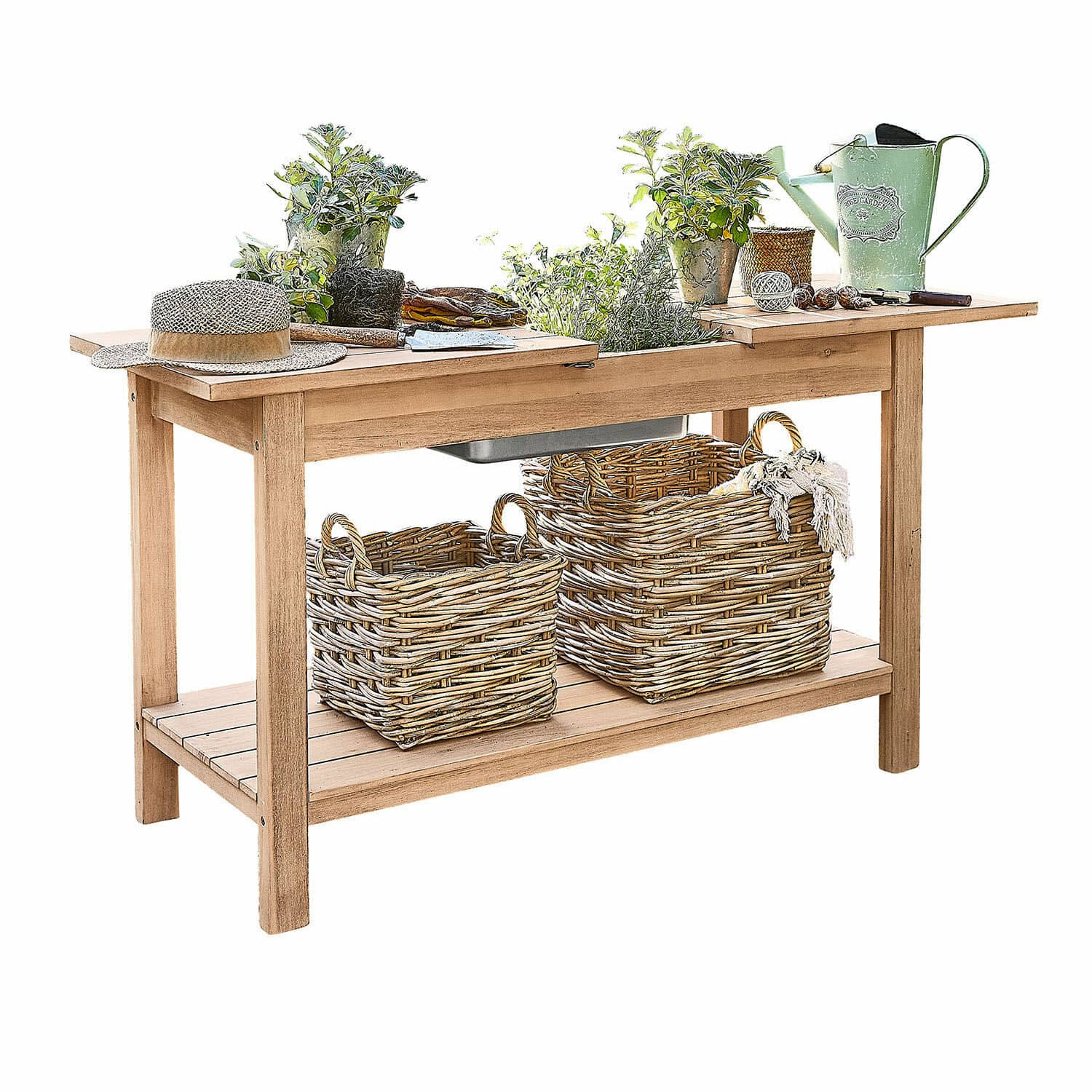 Pflanztisch FSC®-100% Venzone Gartentisch aus Holz mit Weidenkörben und grünen Pflanzen, ausgestattet mit Gartengeräten