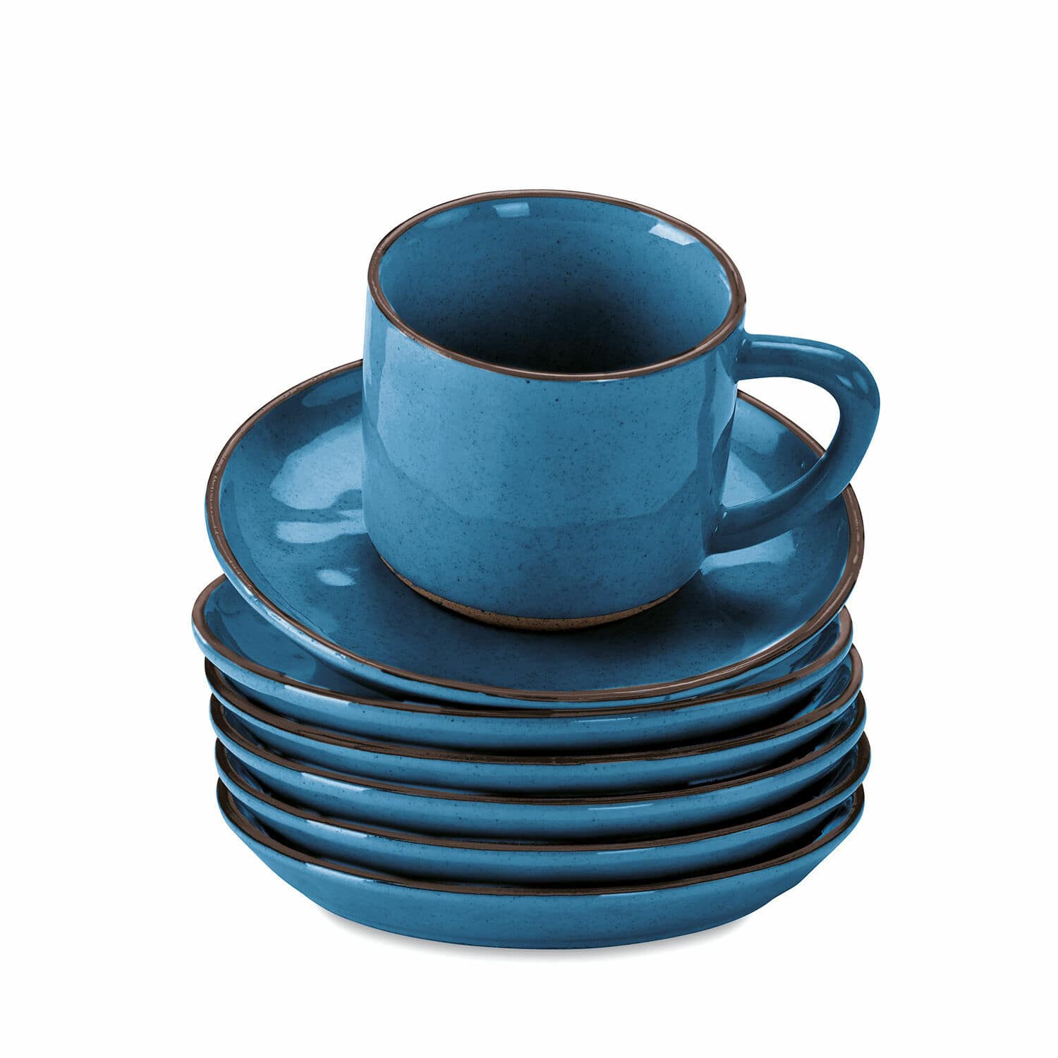 Tasse mit Untertasse 6er Set Biarré Set aus blauen Keramiktassen und Untertassen mit braunem Rand für Kaffee und Tee