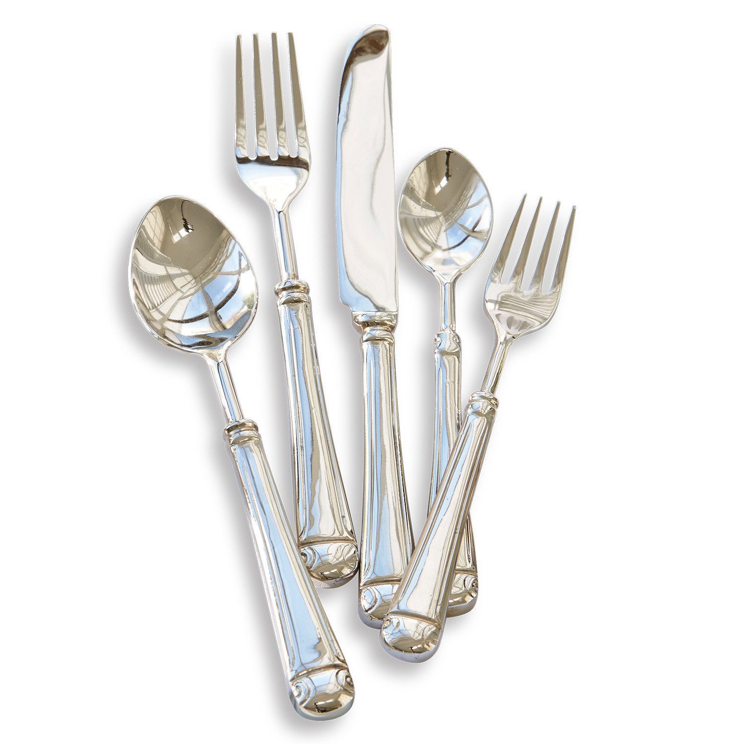 Besteck Eriat Set aus silberfarbenem Edelstahlbesteck auf weißem Hintergrund, elegante Küchenutensilien
