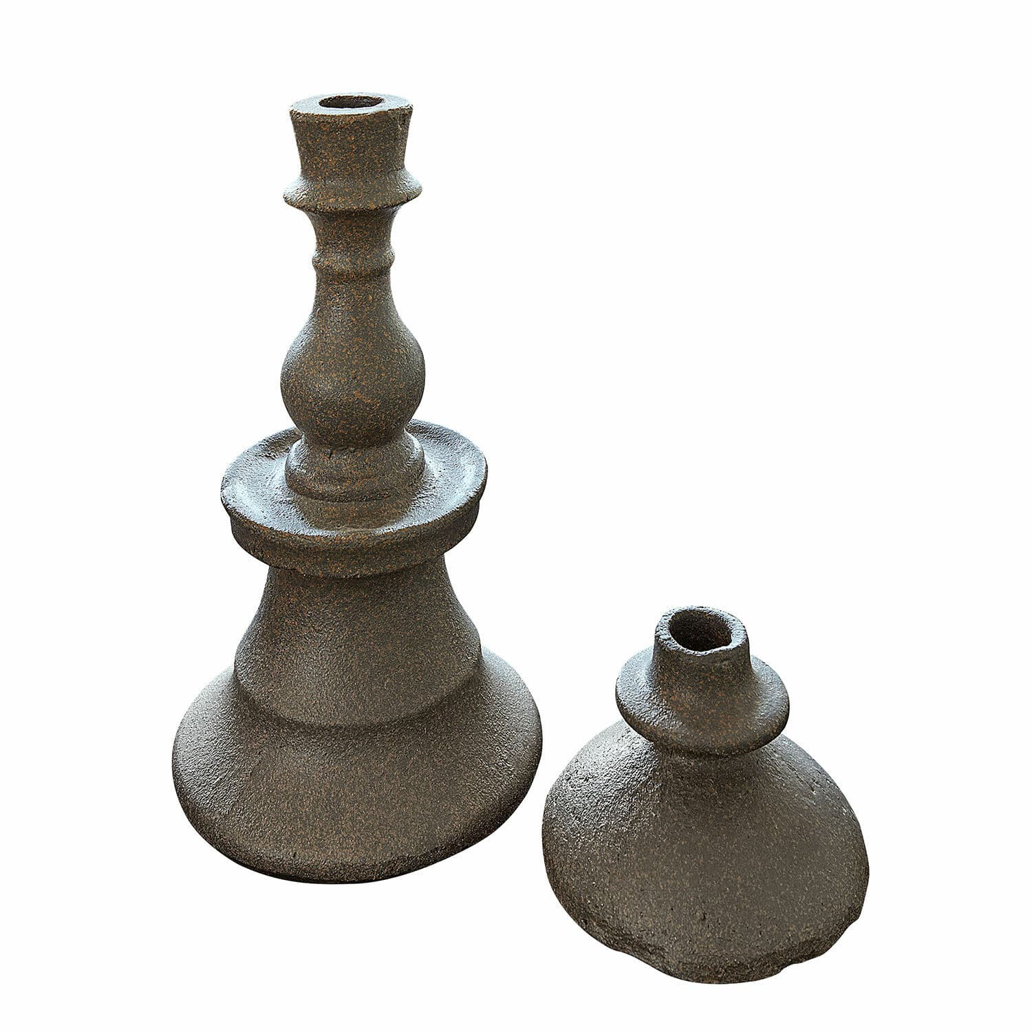 Set aus zwei dunkelgrauen Metall-Kerzenhaltern mit rustikalem Design für Wohnraumdekoration