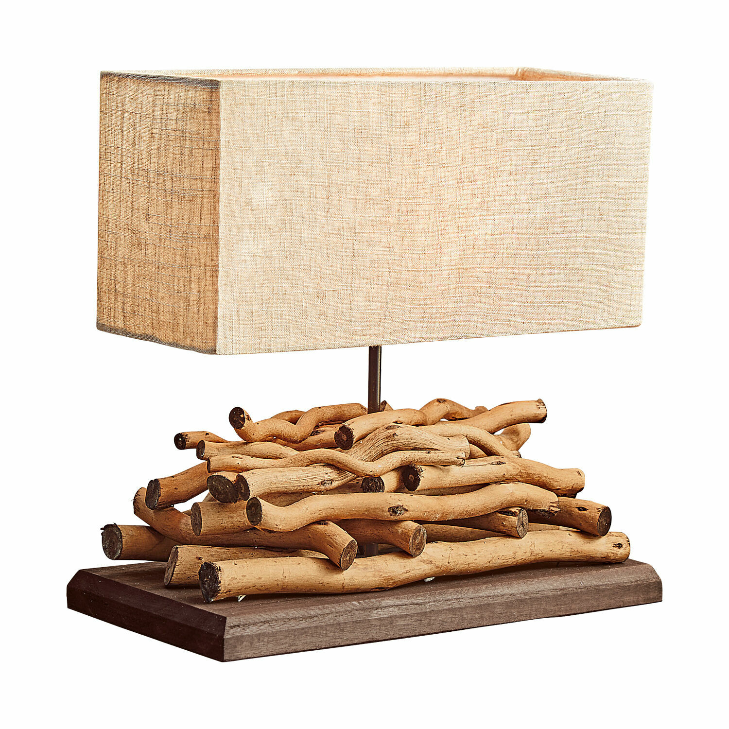 Tischlampe Caribou Tischlampe mit beigem Stoffschirm und natürlicher Holzbasis im rustikalen Stil