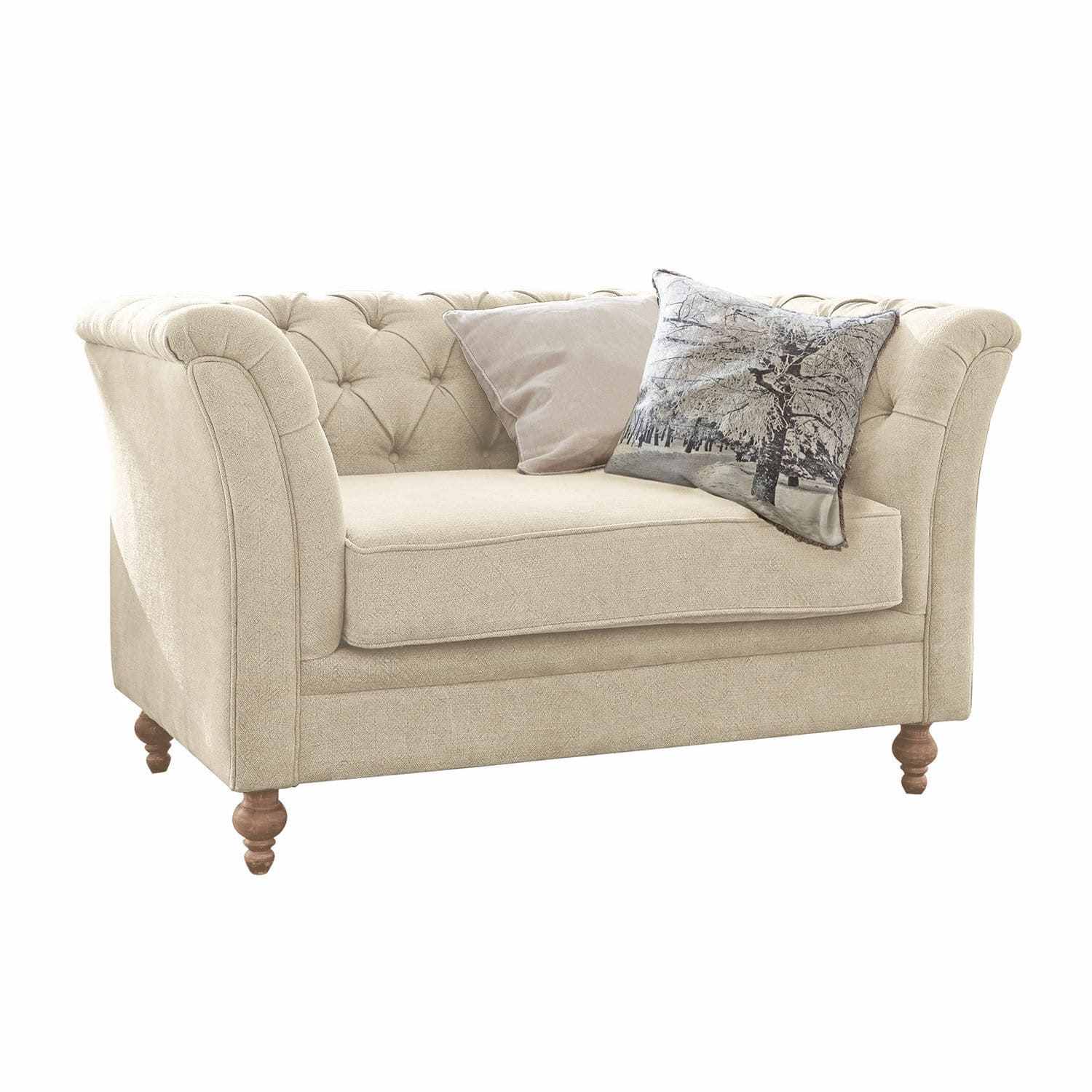 Sofa Clères Beiges Sofa aus Stoff mit gesteppter Rückenlehne und Holzbeinen, dekoriert mit zwei Kissen