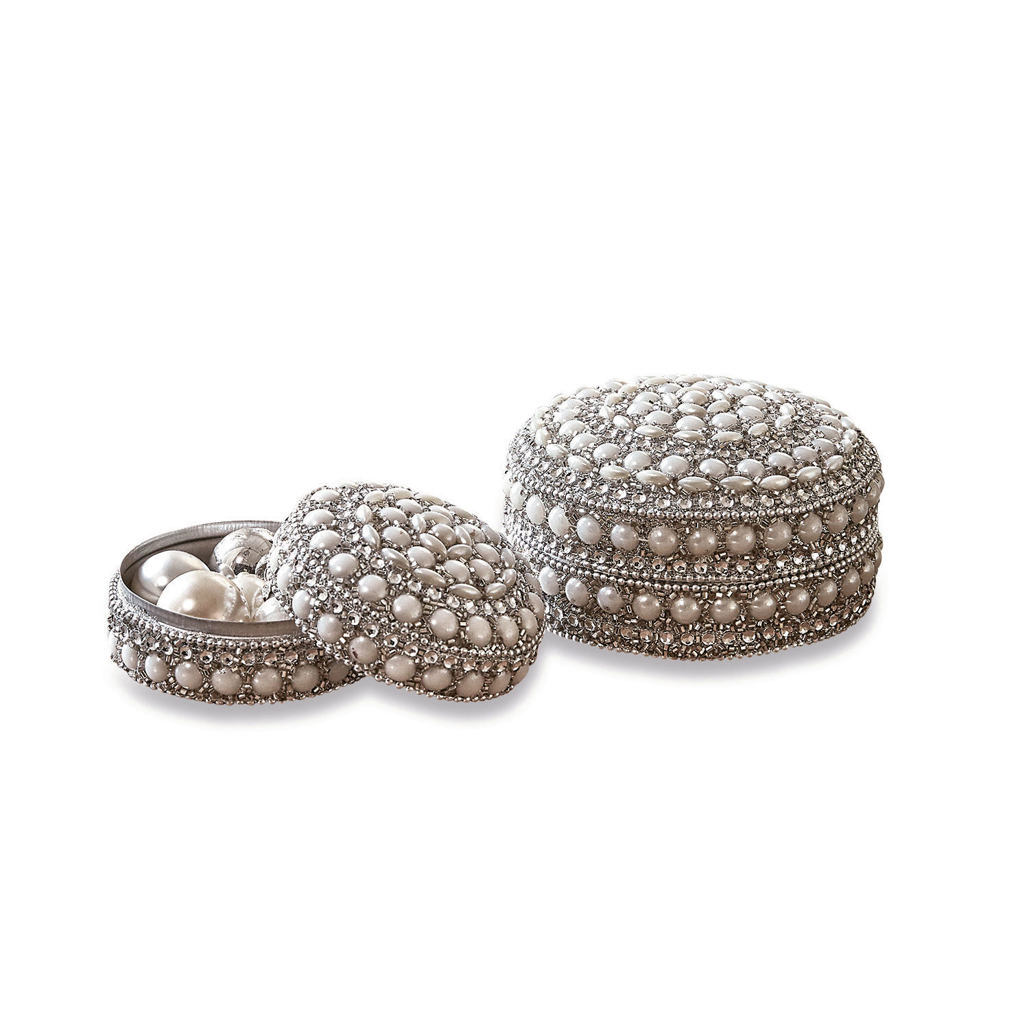 Runde Schmuckdosen mit Perlen und silbernen Kristallen zur eleganten Aufbewahrung von Schmuck