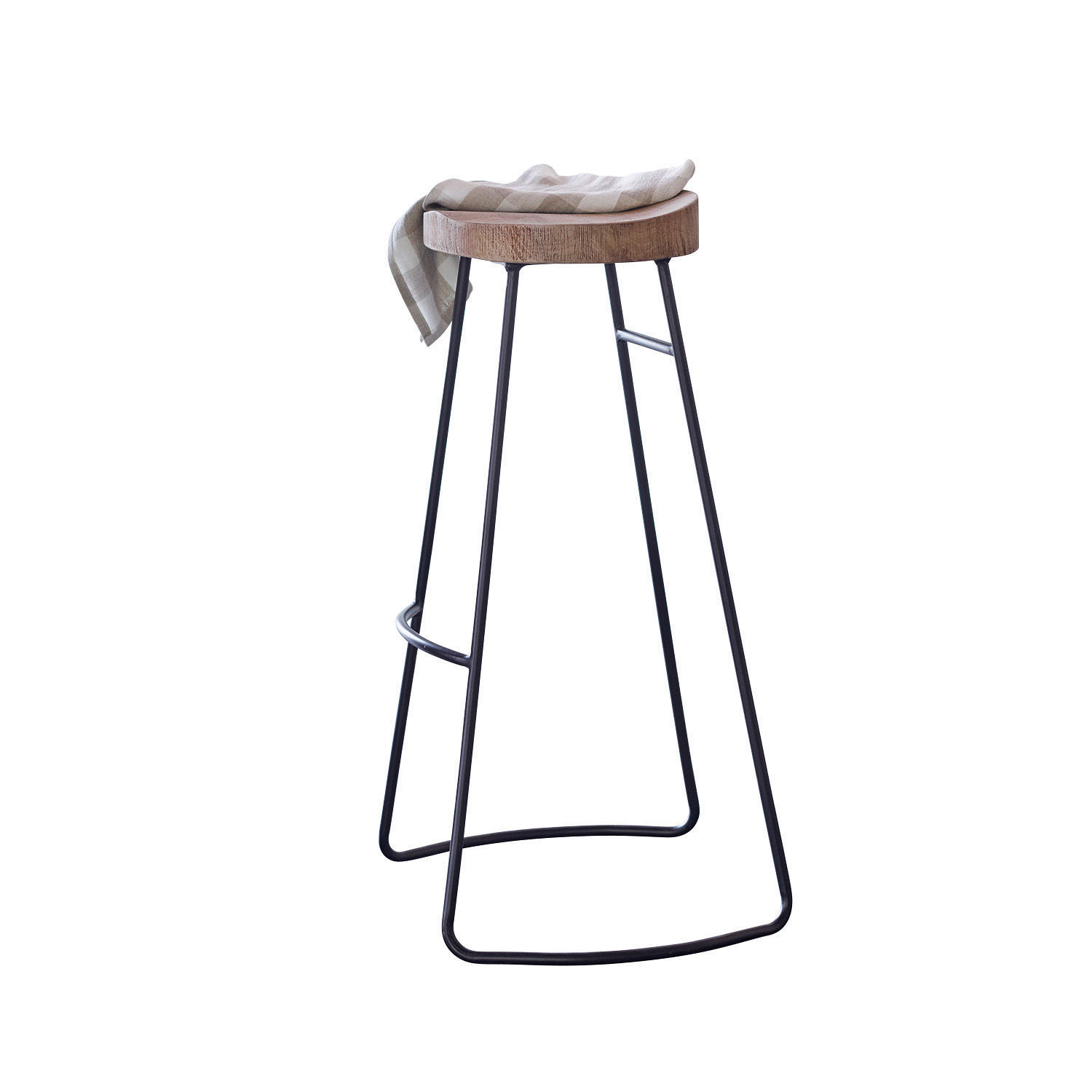 Barhocker Anett Hoher Barhocker mit Holzsitz und schwarzem Metallgestell, modernes Design für Küche oder Bar