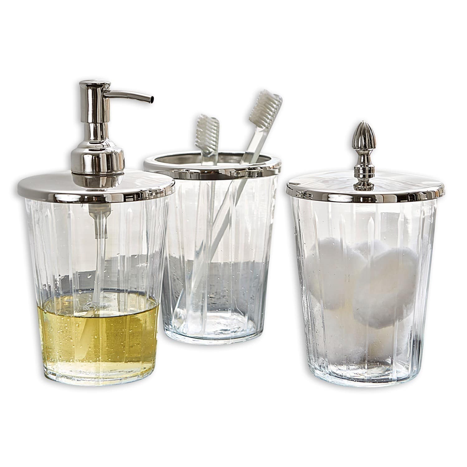 Badezimmer-Set aus Glas und silbernem Metall mit Seifenspender, Zahnputzbecher und Wattebehälter