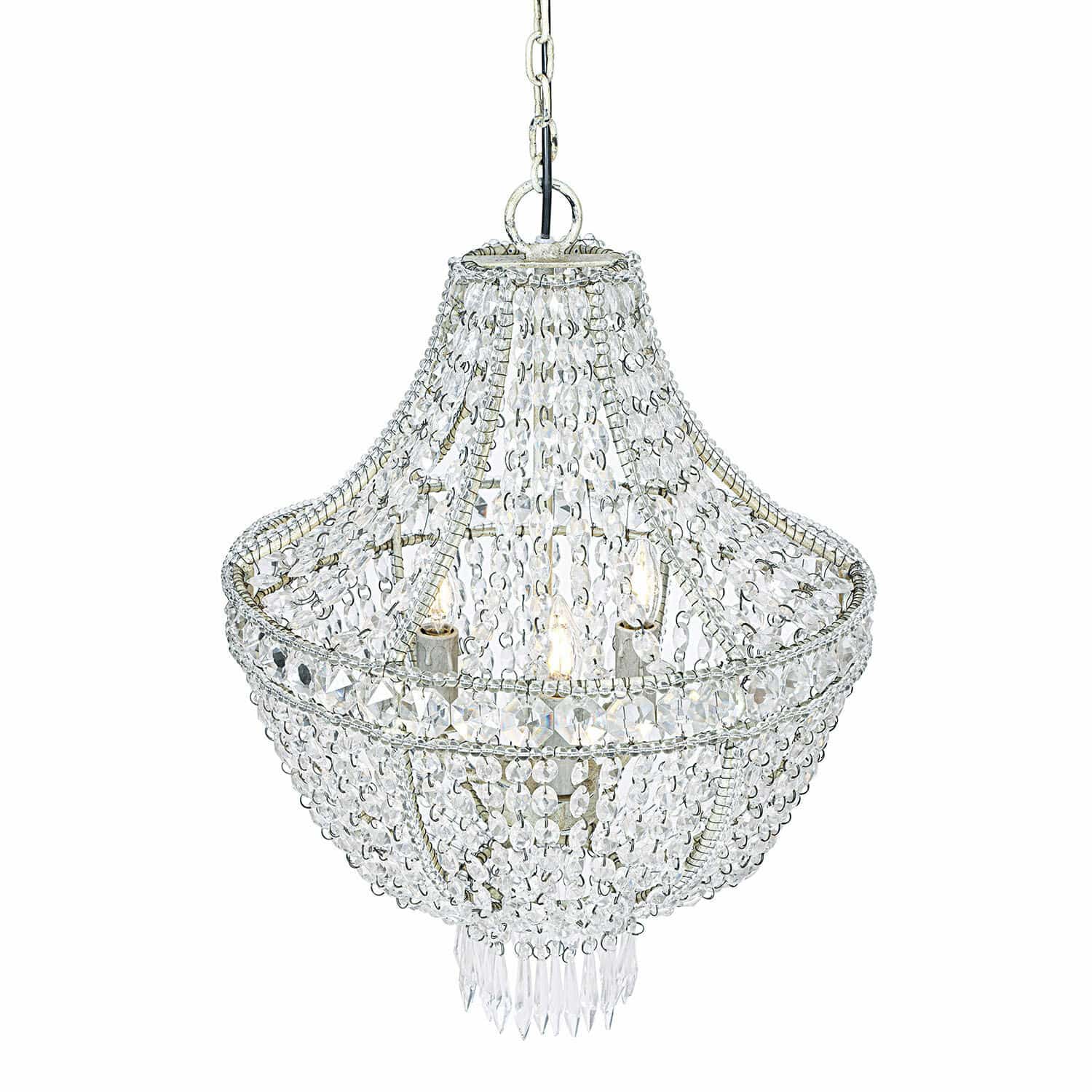 Hängelampe mit silbernem Metallgestell und transparenten Kristallperlen, eleganter Kronleuchter