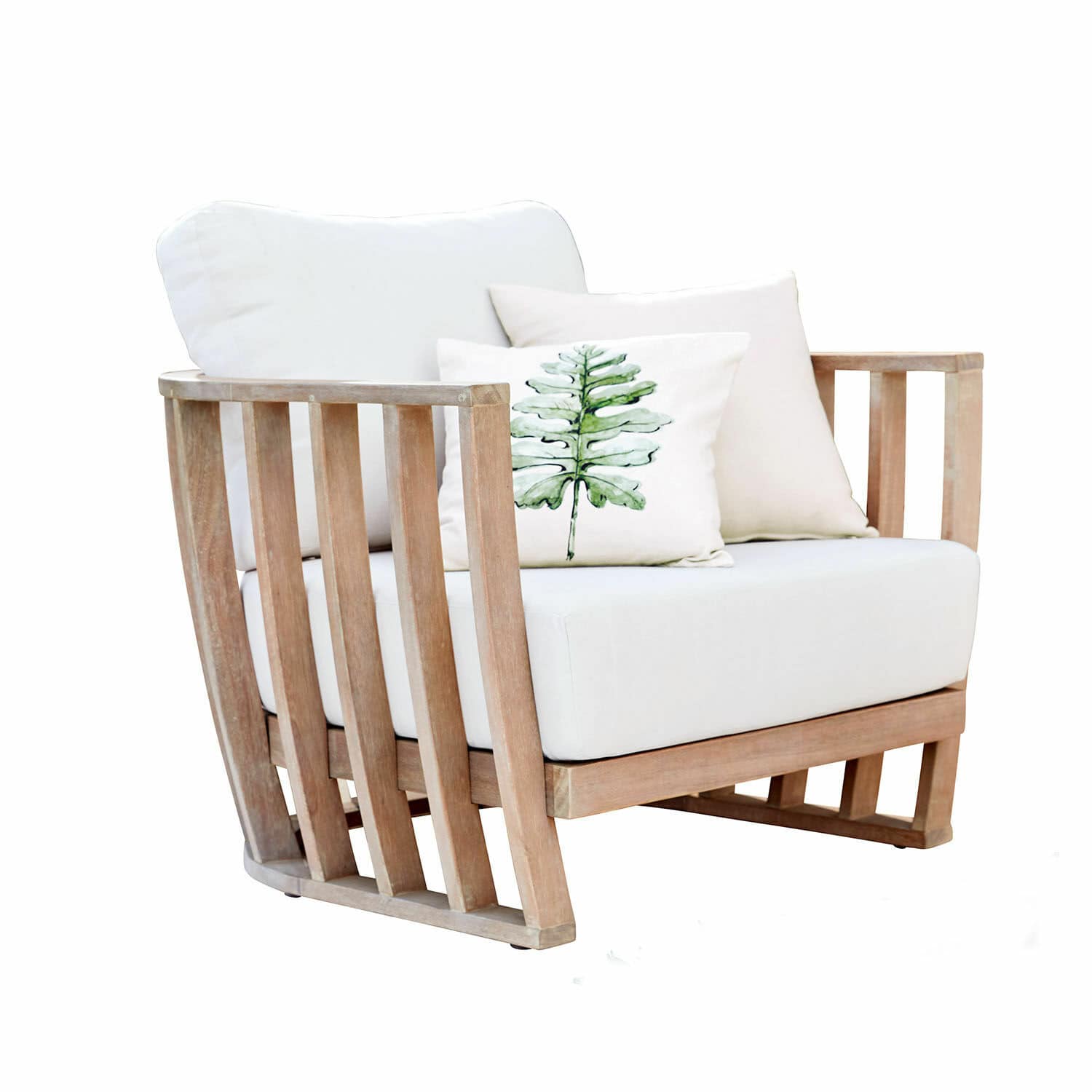Sessel FSC®-100% Vézère Teakholz-Sessel mit weißer Polsterung und Kissen, moderner bequemer Wohnzimmersessel