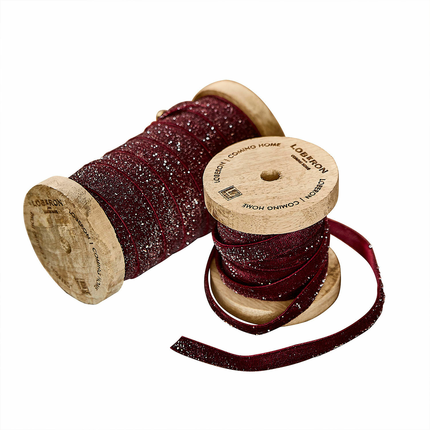 Samtband 2er Set Risorio Bordeauxfarbendes Glitzerband auf Holzspule für Dekoration und Bastelarbeiten