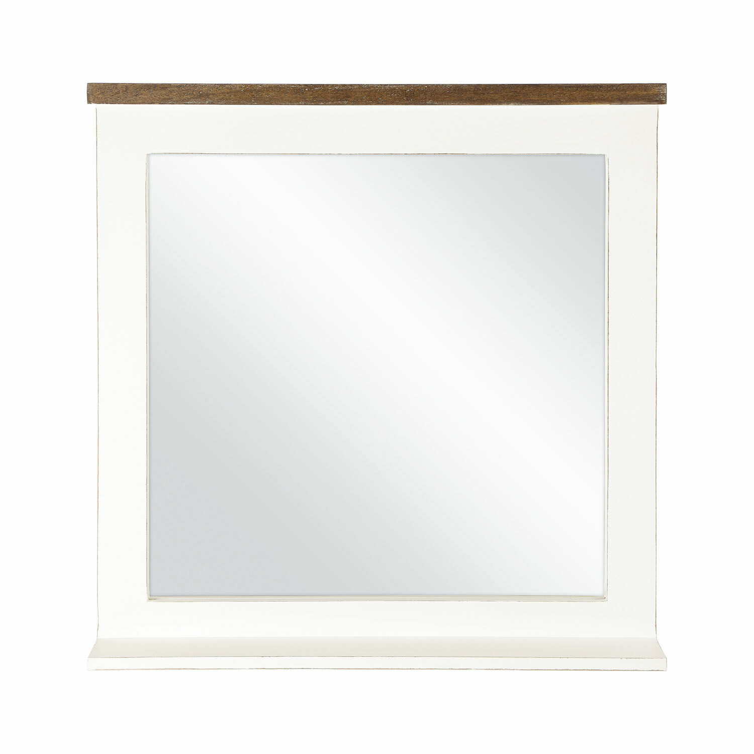 Quadratischer Spiegel mit weißem Holzrahmen und Ablagefläche im Vintage-Stil