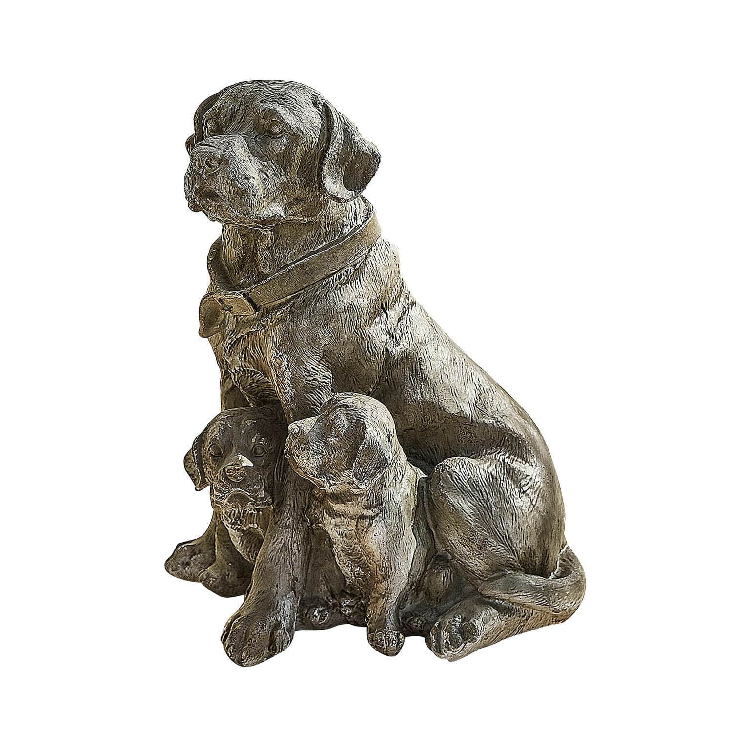 Deko-Hund Samiran Bronzefarbene Metallskulptur eines Hundes mit zwei Welpen als Gartendekoration