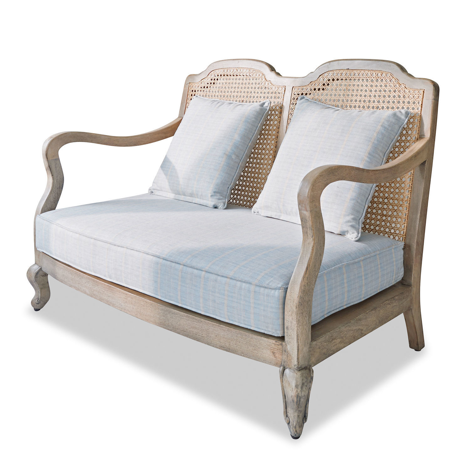 Sofa Ainsley Zweisitziges Sofa mit hellblauem Stoffbezug und Holzrahmen mit geflochtenem Rücken