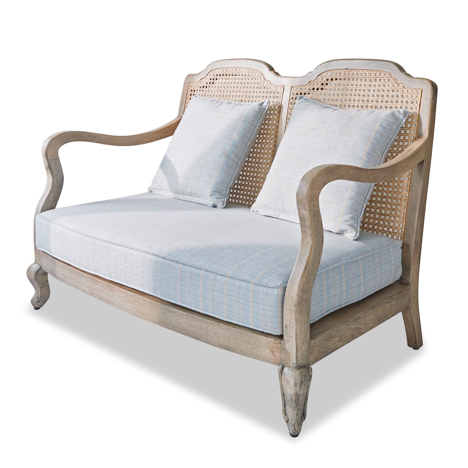 Sofa Ainsley Zweisitziges Sofa mit hellblauem Stoffbezug und Holzrahmen mit geflochtenem Rücken