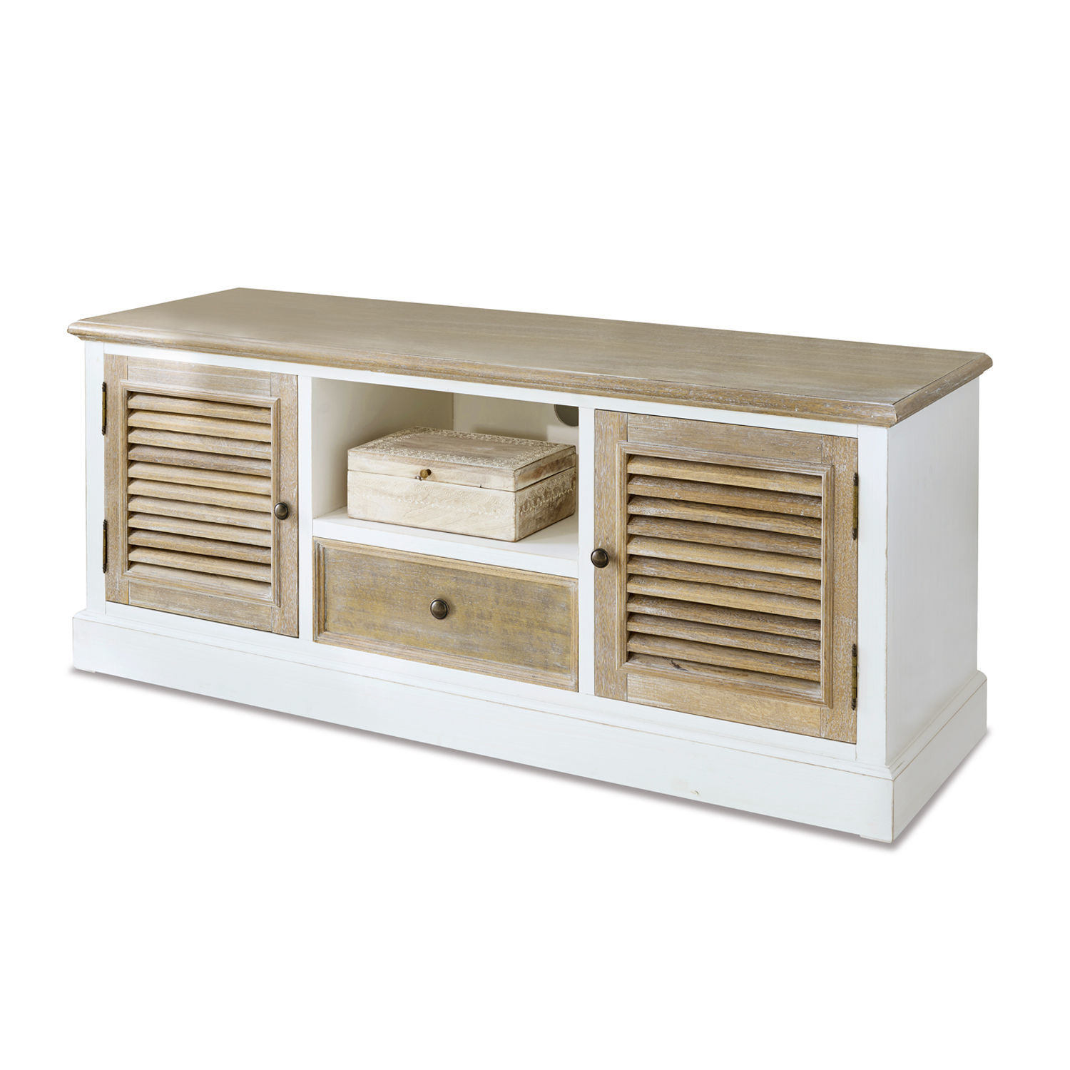 Sideboard Glencoe Kommode aus Holz in Weiß und Natur mit Schublade und zwei Lamellentüren, praktisches Aufbewahrungsmöbel