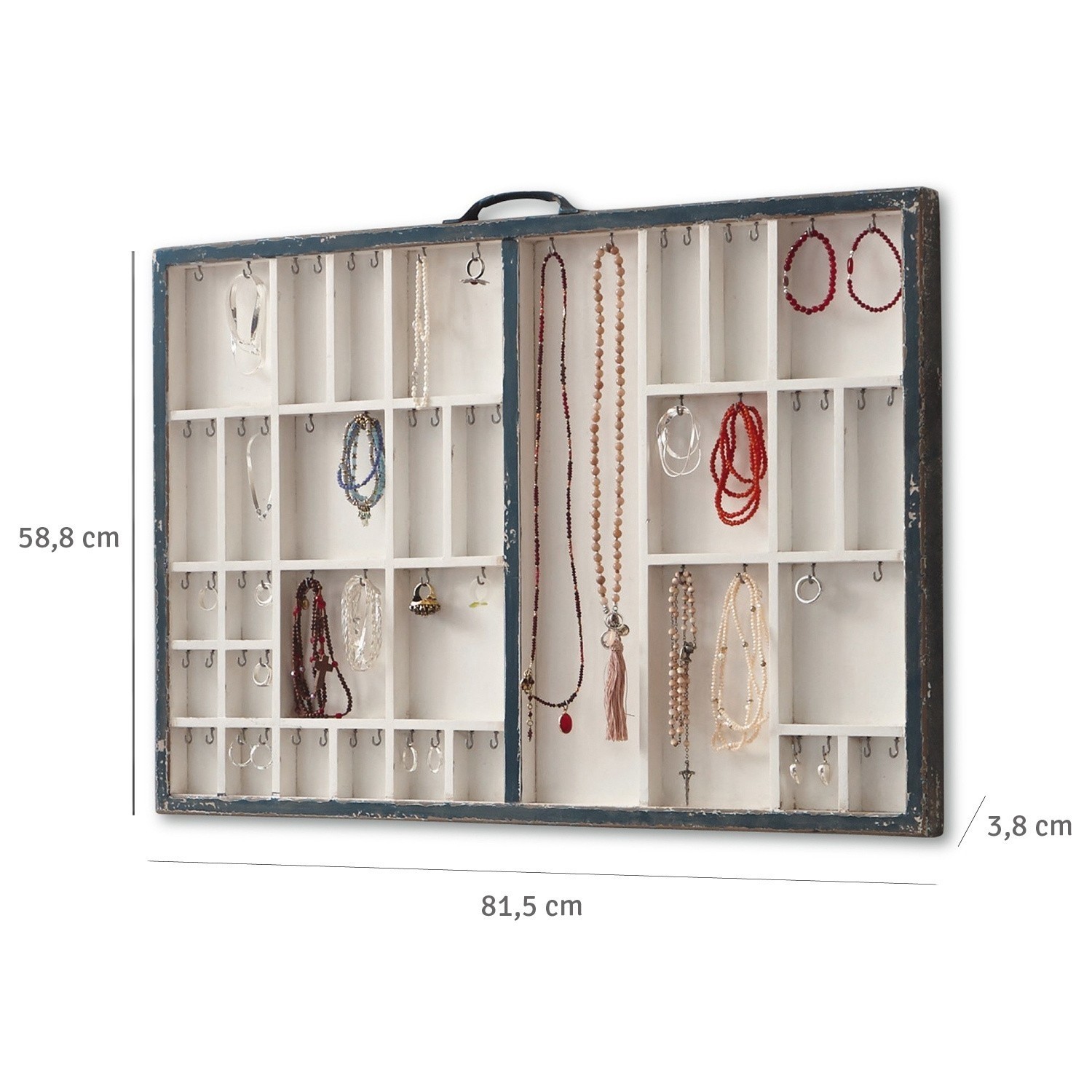 Holz-Schmuckkasten in Weiß und Blau mit Haken und Fächern zur Organisation von Halsketten und Armbändern