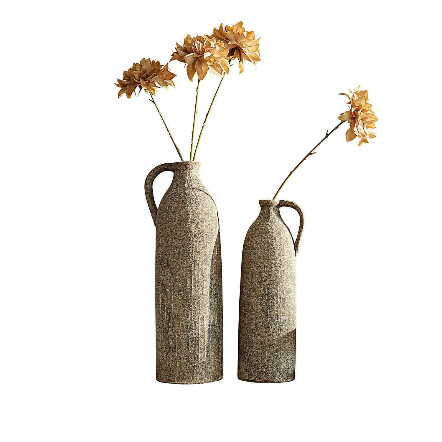 Vase 2er Set Kalidaan Set aus zwei hohen grauen Keramikvasen mit getrockneten Blumen für stilvolle Wohnraumdekoration
