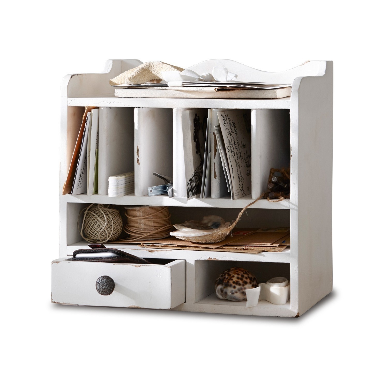 Weißer Holz-Organizer mit Schublade und Fächern für Dokumente und Büroaccessoires