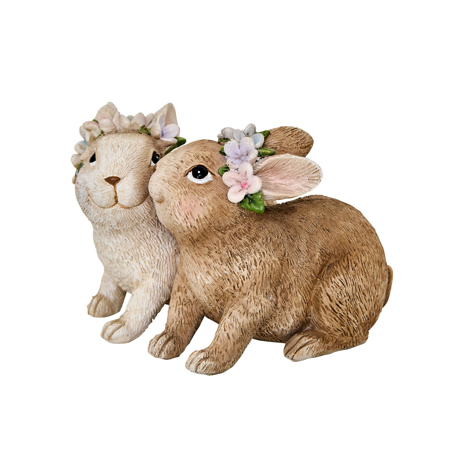 Hasen Willowmare Zwei dekorative Hasenfiguren aus holzähnlichem Material mit zarten Blumenkränzen