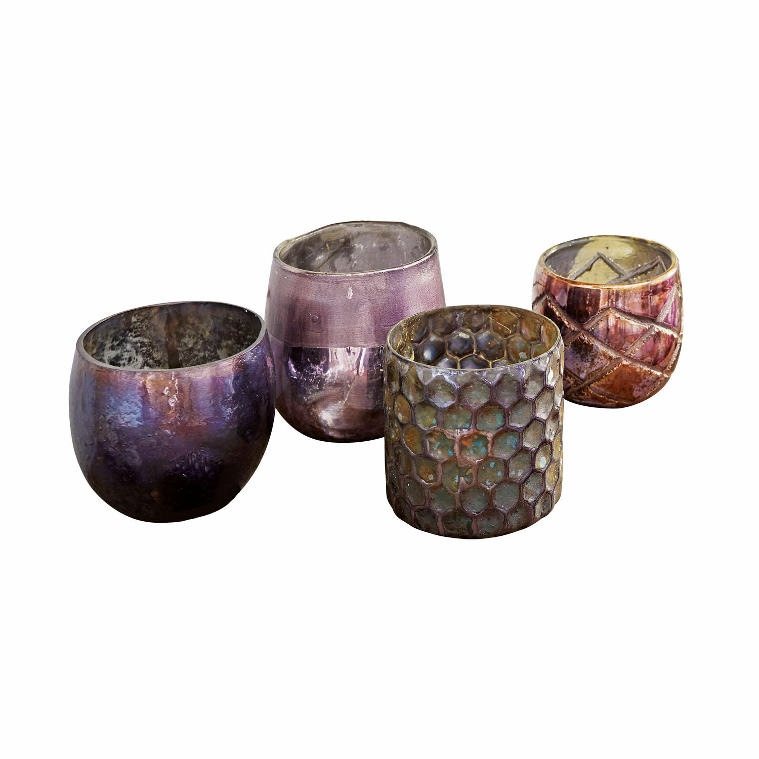 lila 4-teiliges Windlicht-Set aus lila Glas mit verschiedenen Strukturen, dekorative Beleuchtung