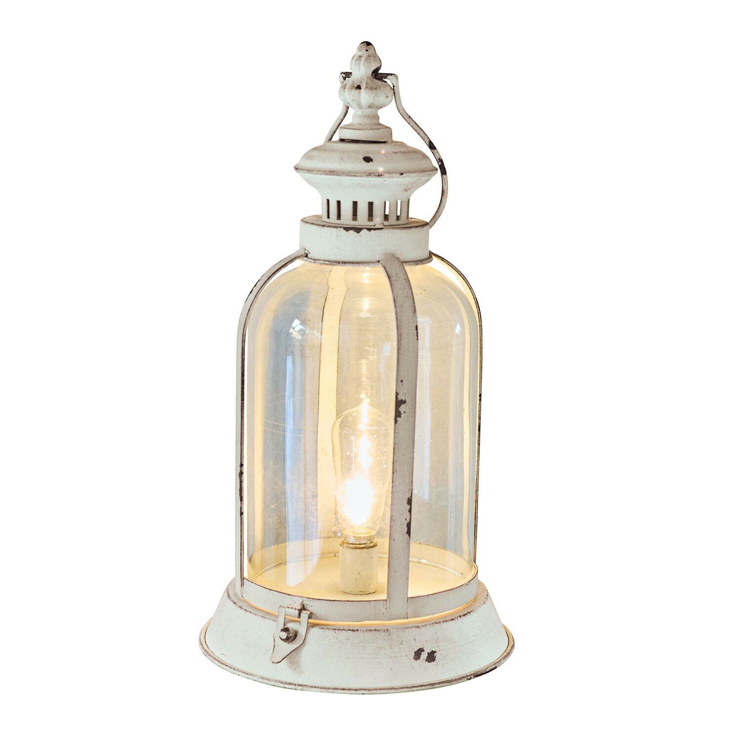 LED-Laterne Lomera Weiße Metalllaterne mit klarem Glas und Glühbirne, dekorative Retro-Lampe für Innenräume