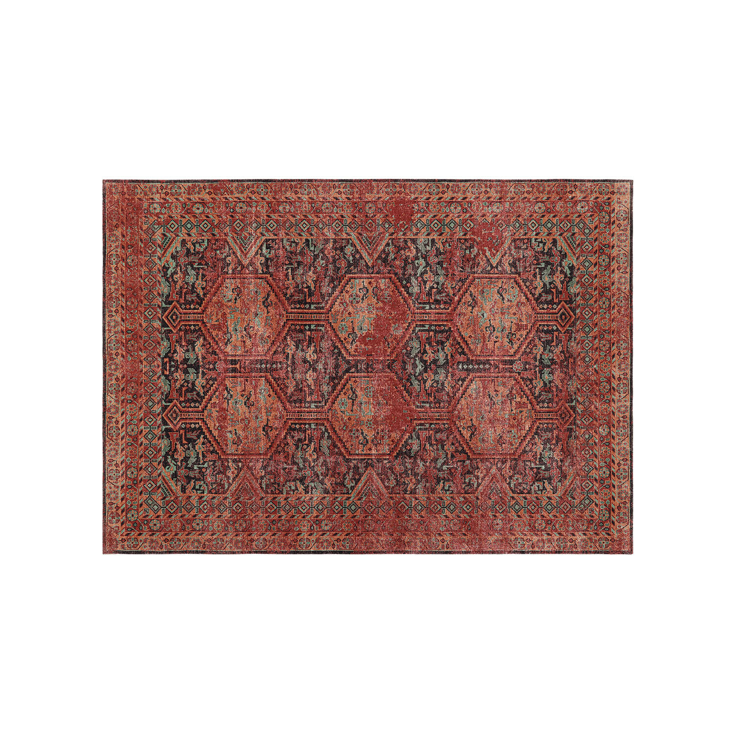 Orientalischer Teppich mit rotem und schwarzem Muster, dekorativ und stilvoll