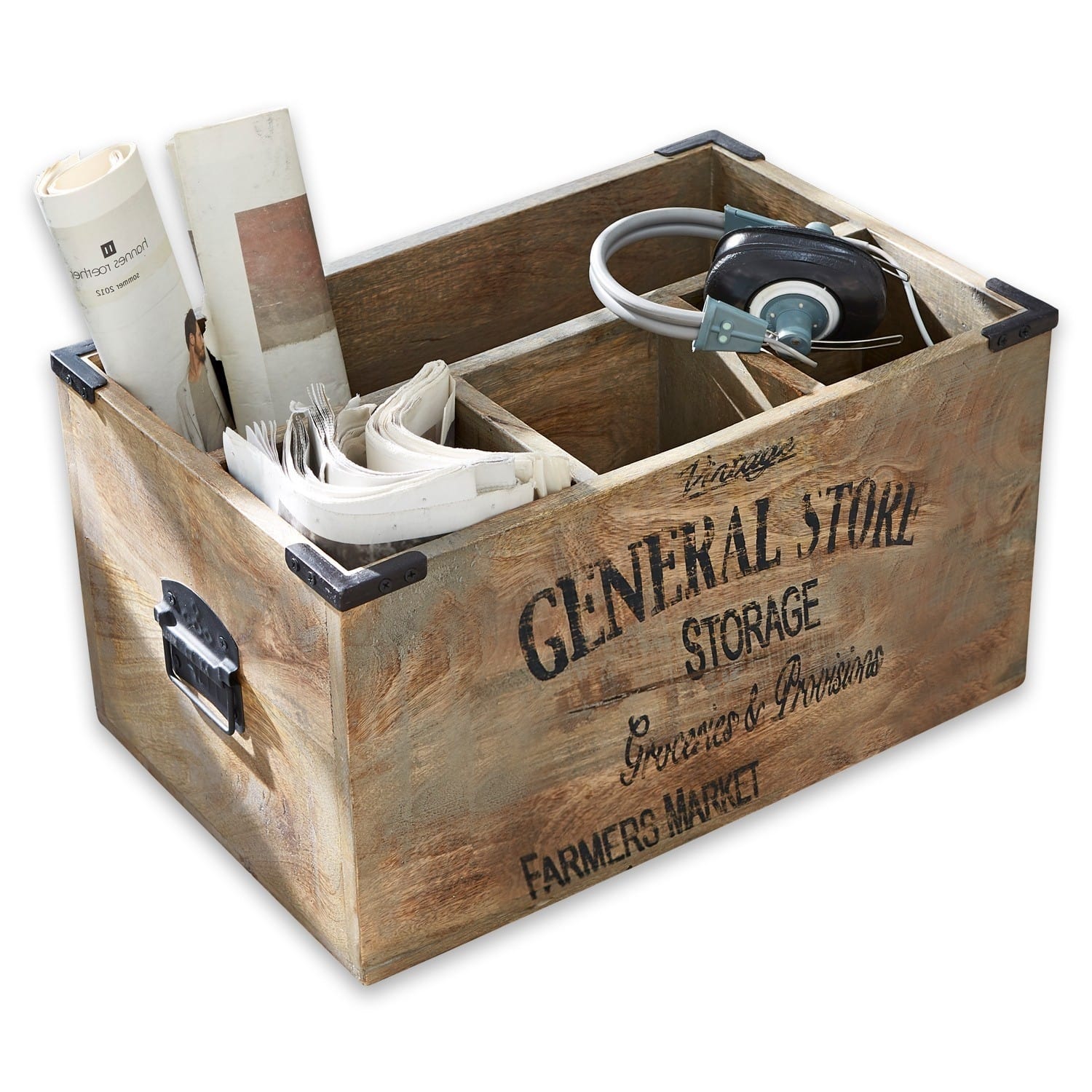 Holz-Aufbewahrungsbox mit Fächern und Metallgriffen im Vintage-Stil für Ordnung
