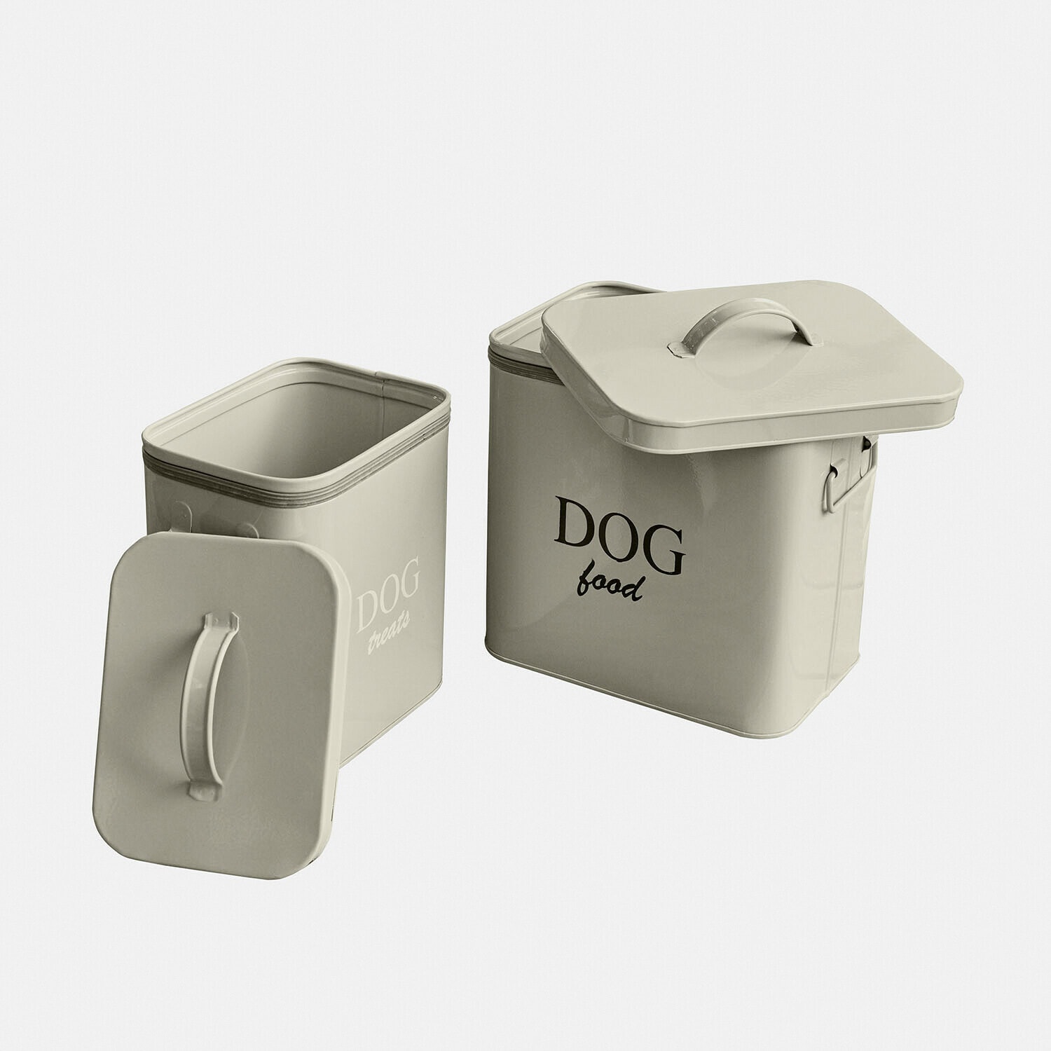 Beige Metallbehälter für Hundefutter und Leckerlis mit Griffen und Aufschriften DOG food und DOG treats