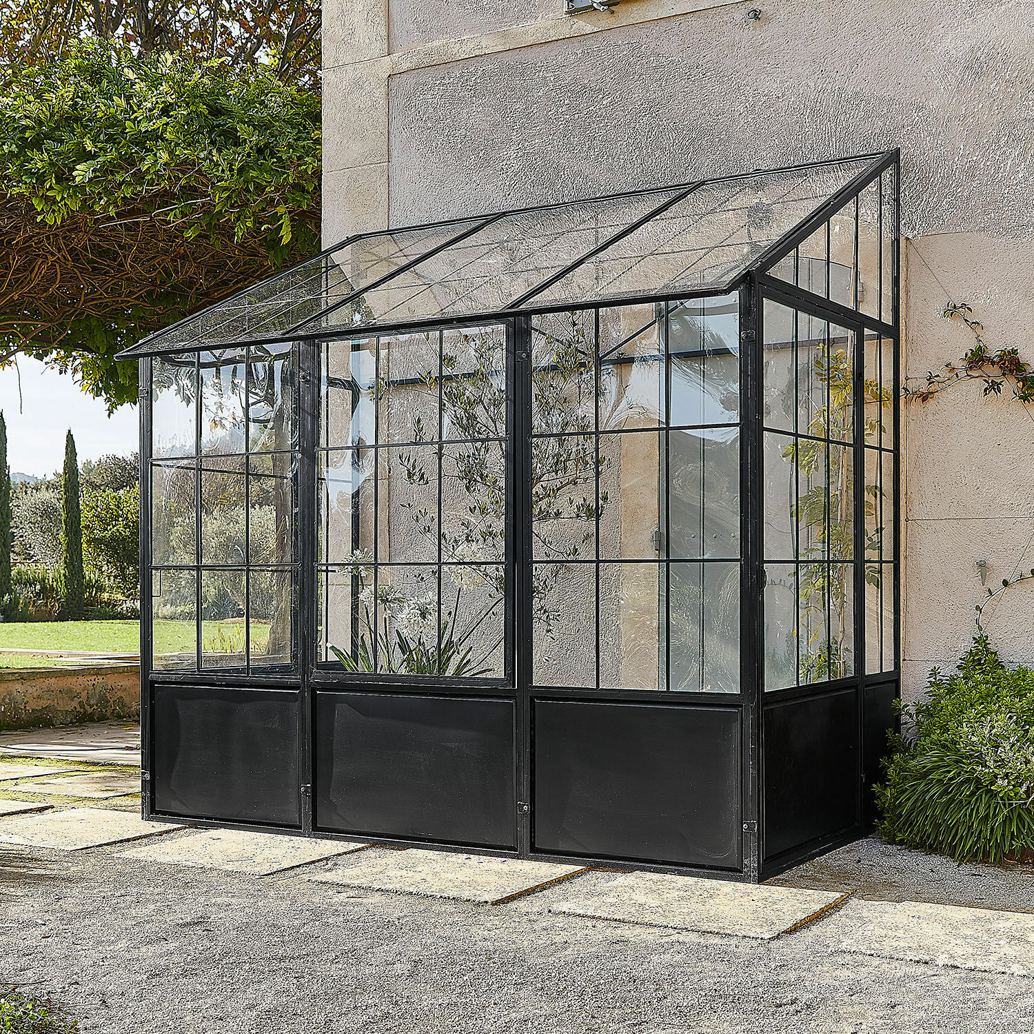 Gartengewächshaus aus schwarzem Metall und Glas, ideal zum Pflanzenanbau drinnen und draußen